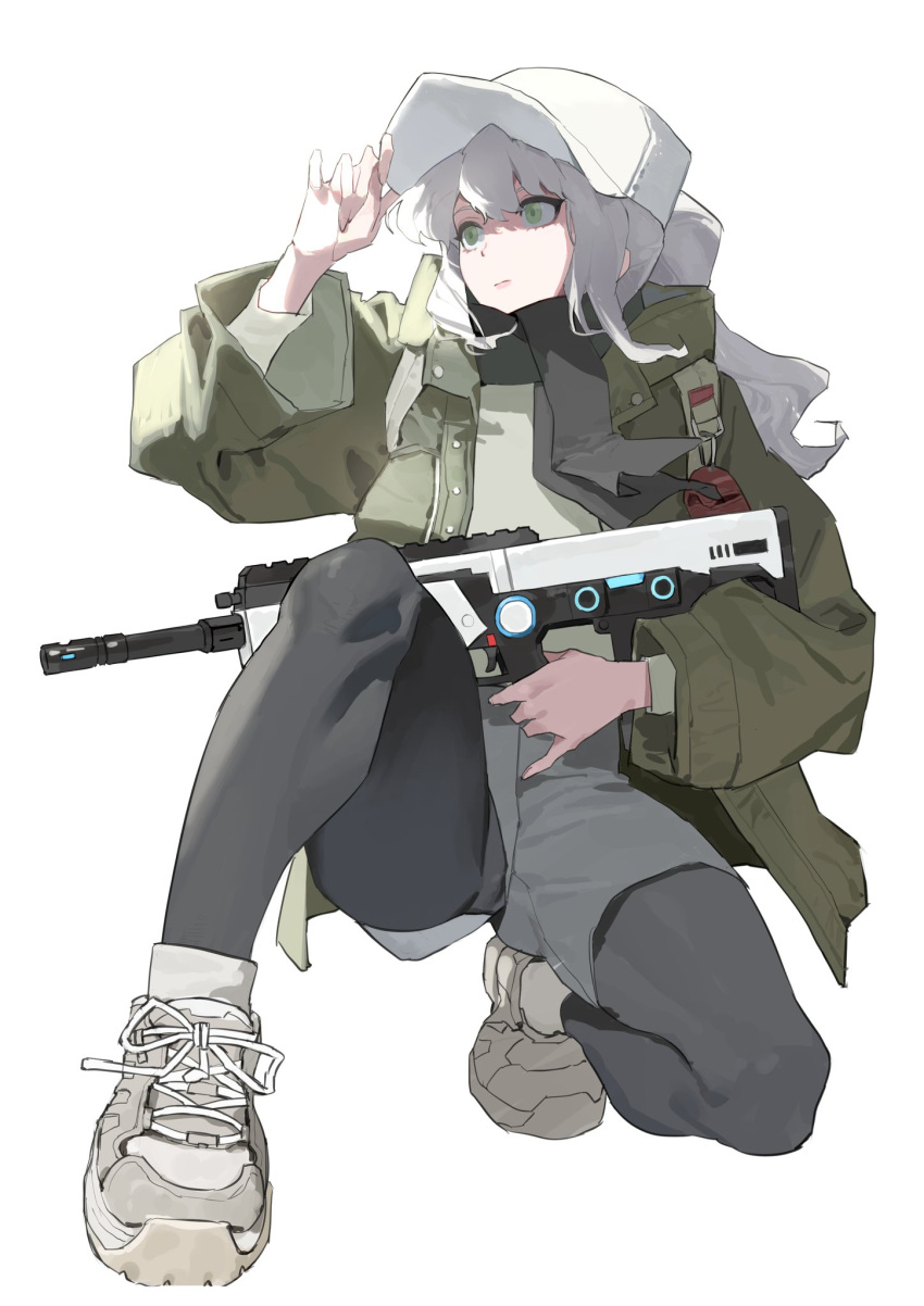 1girl backpack bag black_pantyhose black_scarf blue_archive full_body green_eyes green_jacket grey_hair grey_shorts gun hand_on_headwear hare_(blue_archive) hare_(camp)_(blue_archive) hat highres holding holding_gun holding_weapon jacket long_hair long_sleeves on_one_knee open_clothes open_jacket pantyhose ponytail rifle scarf shoes shorts simple_background slippyn3 sneakers solo sweater weapon white_background white_hat