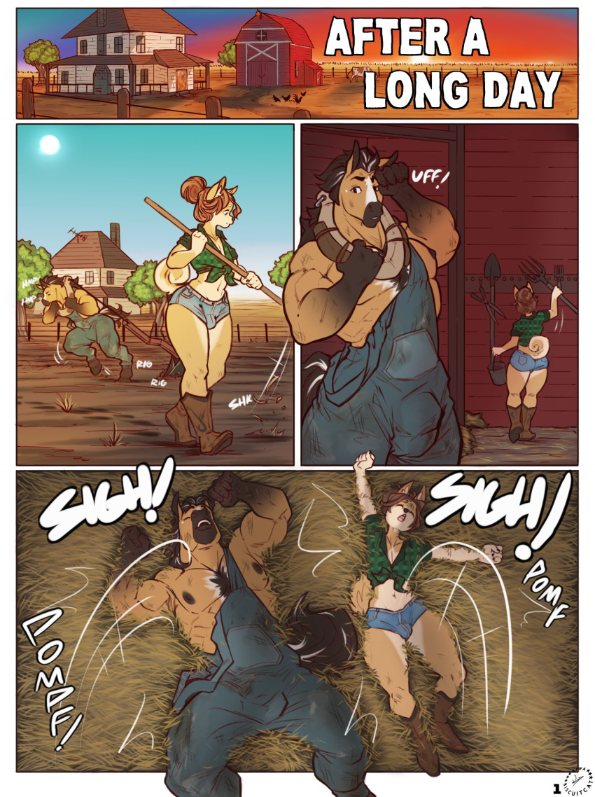 anthro barn bodily_fluids boots bottomwear building canid canine canis clothing cum domestic_dog duo equid equine farm footwear genital_fluids girly hi_res hooves horse house kbiscuitcat male male/male mammal overalls shirt shorts thick_thighs tied_shirt topwear wide_hips