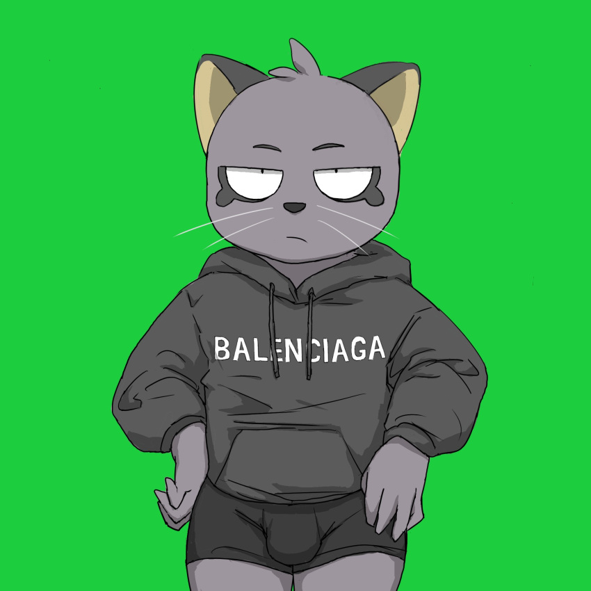 2024 5_fingers anthro balenciaga balls_outline black_clothing black_hoodie black_topwear black_underwear bulge clothing cougar detailed_bulge felid feline fingers fur genital_outline green_background grey_body grey_fur hajime_tanaka_(odd_taxi) half-closed_eyes hi_res hoodie looking_at_viewer male mammal narrowed_eyes nekotanyanneko odd_taxi serious simple_background solo topwear underwear