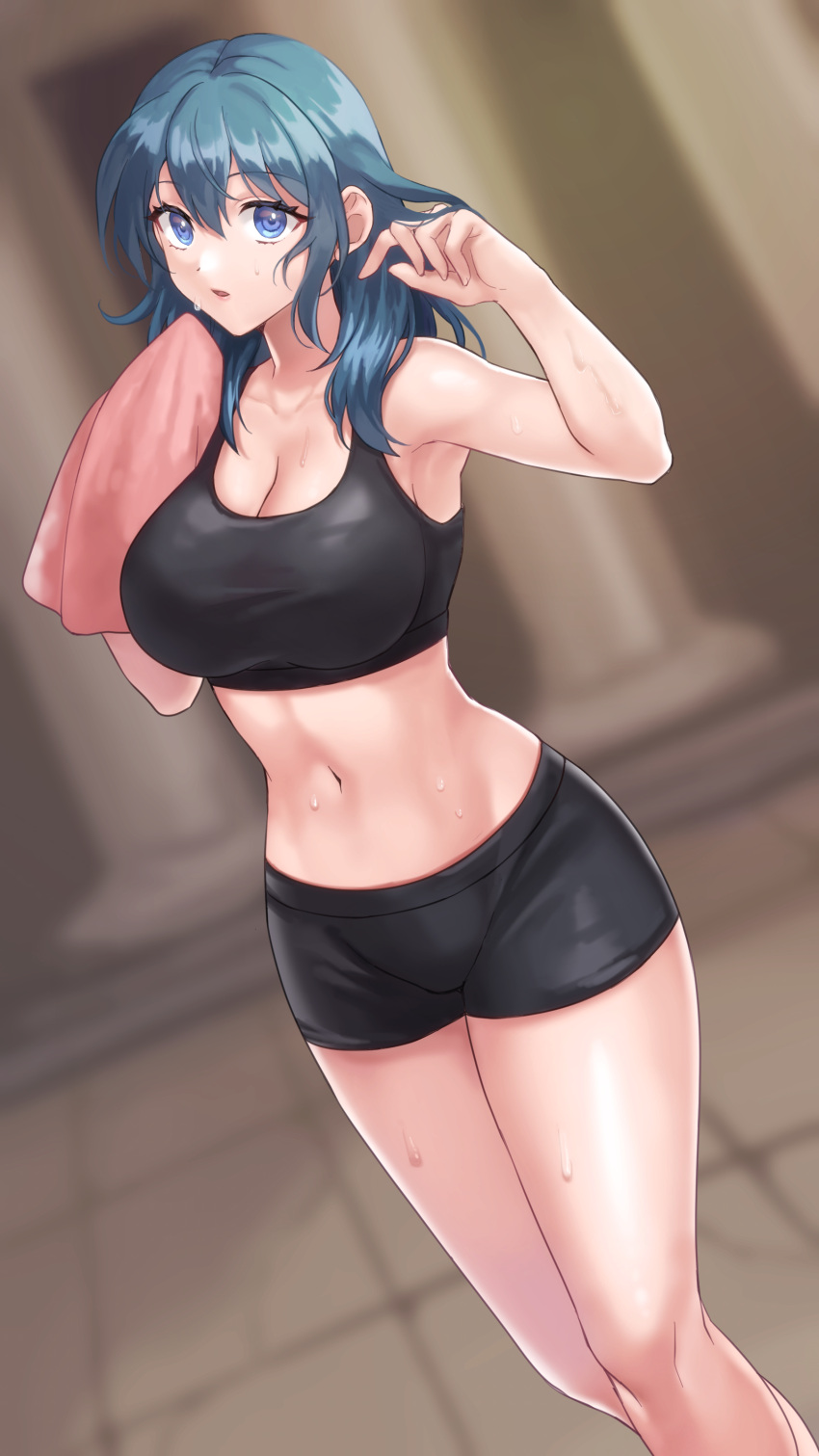 1girl absurdres bare_shoulders black_shorts blue_eyes blue_hair blurry blurry_background breasts byleth_(female)_(fire_emblem) byleth_(fire_emblem) cleavage commentary crop_top feet_out_of_frame fire_emblem fire_emblem:_three_houses hands_up hazuki_(nyorosuke) highres large_breasts long_hair looking_at_viewer midriff navel parted_lips short_shorts shorts solo sports_bra standing stomach thighs towel