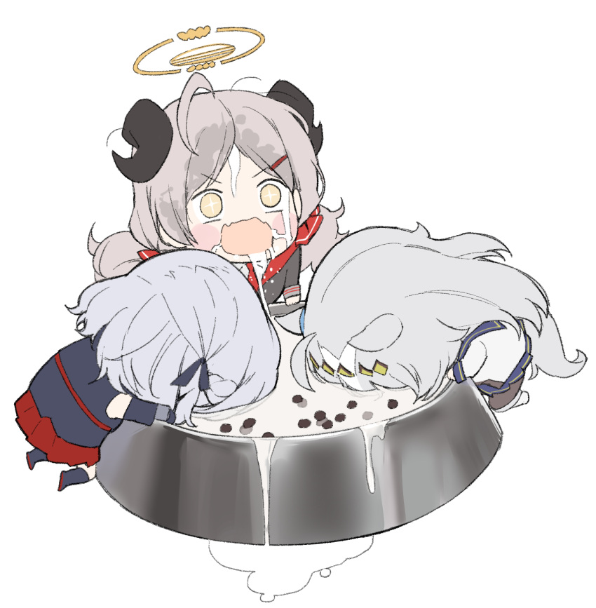 +_+ 3girls animal_ears blue_archive blush bowl chibi crossover eating food food_on_face girls'_frontline grey_hair hair_ornament hair_ribbon hairclip halo highres horns horse_ears horse_girl horse_tail hyury izumi_(blue_archive) long_hair multiple_crossover multiple_girls oguri_cap_(umamusume) open_mouth pet_bowl red_ribbon ribbon simple_background spas-12_(girls'_frontline) tail umamusume wet white_background