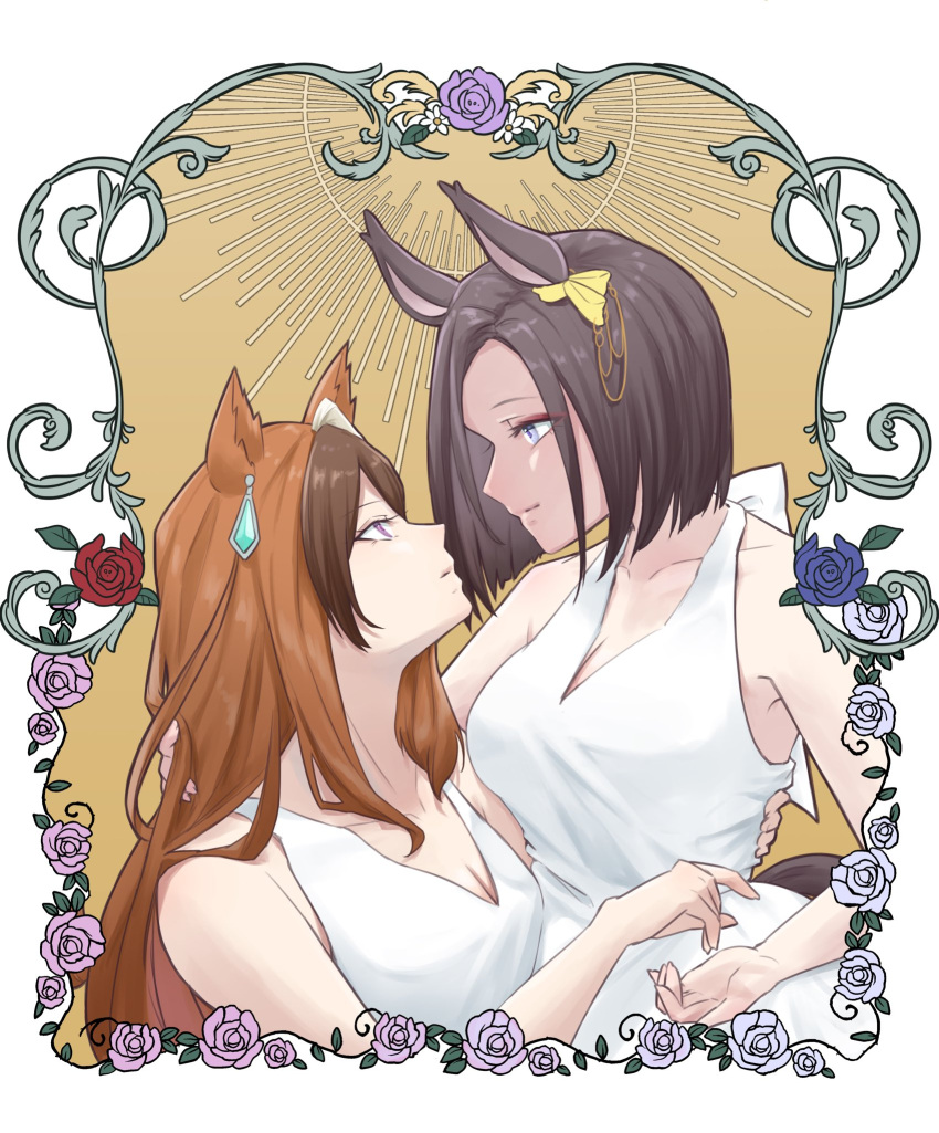 2girls air_groove_(umamusume) alternate_costume animal_ears bare_shoulders blue_eyes border breasts brown_hair cleavage dress ear_ornament earrings eye_contact highres horse_ears horse_girl horse_tail jewelry long_hair looking_at_another multiple_girls pink_eyes runa_(artemis_46) short_hair single_earring sleeveless sleeveless_dress small_breasts symboli_rudolf_(umamusume) tail umamusume upper_body white_dress yuri