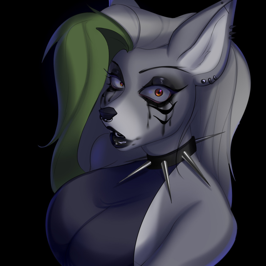1:1 2024 absurd_res alternative_fashion anthro big_breasts black_background black_lipstick black_nose breasts bust_portrait canid canine canis collar ear_piercing ear_ring eyebrows eyelashes eyeshadow facial_piercing female five_nights_at_freddy's five_nights_at_freddy's:_security_breach goth green_highlights grey_hair hair hi_res highlights_(coloring) lipstick long_hair looking_at_viewer makeup mammal mascara mascara_tears mythology nose_piercing nose_ring piercing portrait ppkrnyy ring_piercing roxanne_wolf scottgames simple_background solo spiked_collar spikes steel_wool_studios wolf