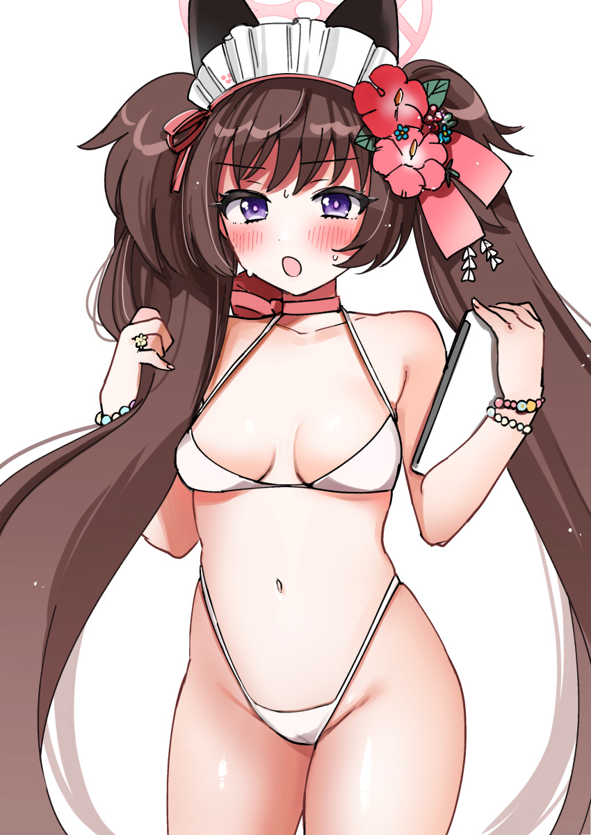 1girl absurdres animal_ears bikini blue_archive blush bracelet breasts brown_hair choker flower hair_flower hair_ornament halo highleg highleg_bikini highres jewelry long_hair looking_at_viewer maid_headdress open_mouth pink_choker pink_flower red_flower saburou_03 shizuko_(blue_archive) shizuko_(swimsuit)_(blue_archive) simple_background small_breasts solo swimsuit twintails two_side_up very_long_hair white_background white_bikini