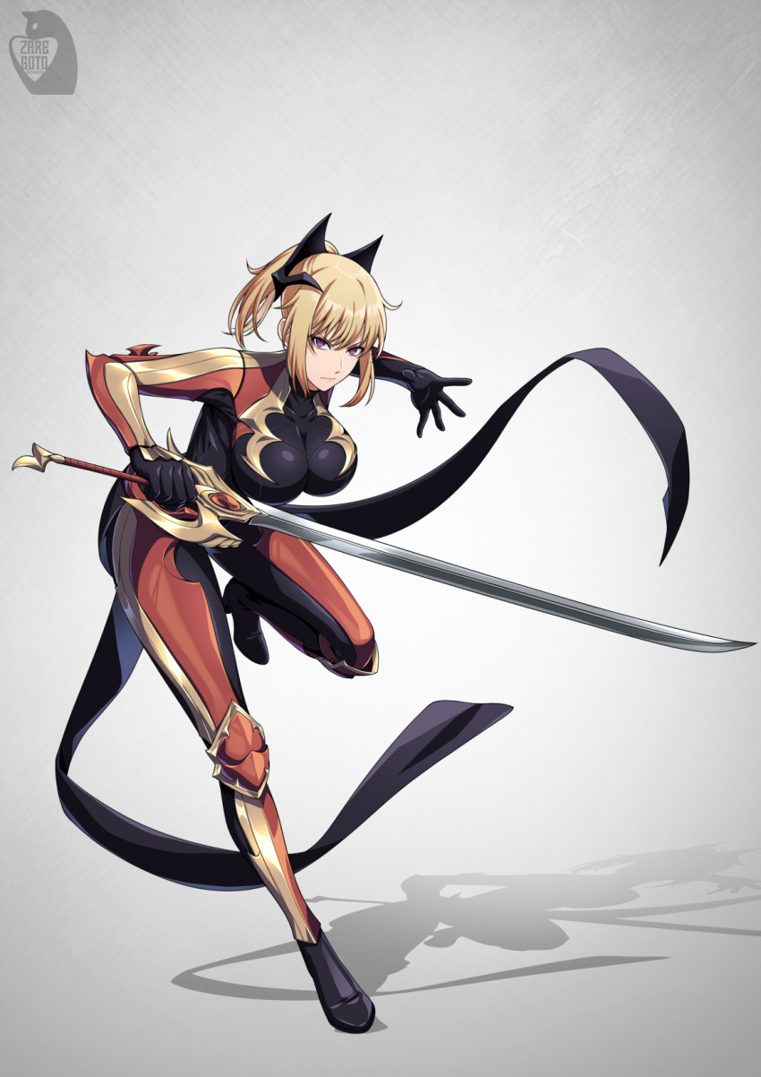 1girl alternate_breast_size black_bodysuit blonde_hair bodysuit breasts cha_hae-in closed_mouth full_body glaring high_heels highres holding holding_sword holding_weapon huge_weapon knee_pads large_breasts leaning_to_the_side long_bangs looking_at_viewer multicolored_bodysuit multicolored_clothes orange_bodysuit ponytail purple_eyes shadow short_hair signature simple_background skin_tight solo solo_leveling standing standing_on_one_leg sword weapon yellow_bodysuit zaregoto_tsukai_no_deshi