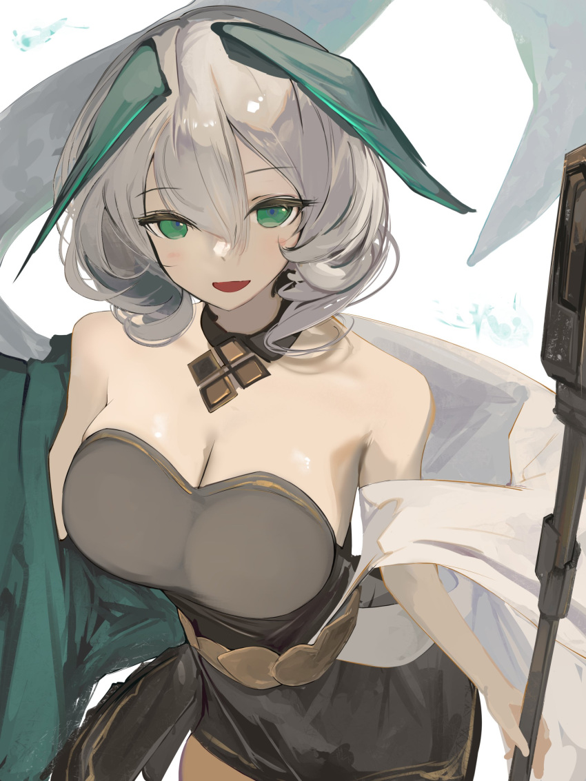 1girl absurdres ambience_synesthesia aqua_eyes arknights black_dress cowboy_shot dress feather_hair feathered_wings grey_hair hair_between_eyes head_wings highres ho'olheyak_(arknights) ho'olheyak_(carriage_of_the_winds_of_time)_(arknights) holding holding_wand looking_at_viewer medium_hair official_alternate_costume open_mouth sinoda solo standing wand wings