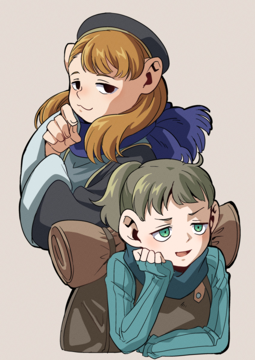 2girls :3 absurdres backpack bag blue_scarf brown_hair cropped_torso dungeon_meshi fingerless_gloves genderswap genderswap_(mtf) gloves gnome green_eyes grey_hair halfling head_on_hand head_rest highres holm_kranom jitome large_ears long_hair looking_at_viewer looking_to_the_side mado_cat02 mickbell_tomas multiple_girls ponytail scarf simple_background smile wide_sleeves