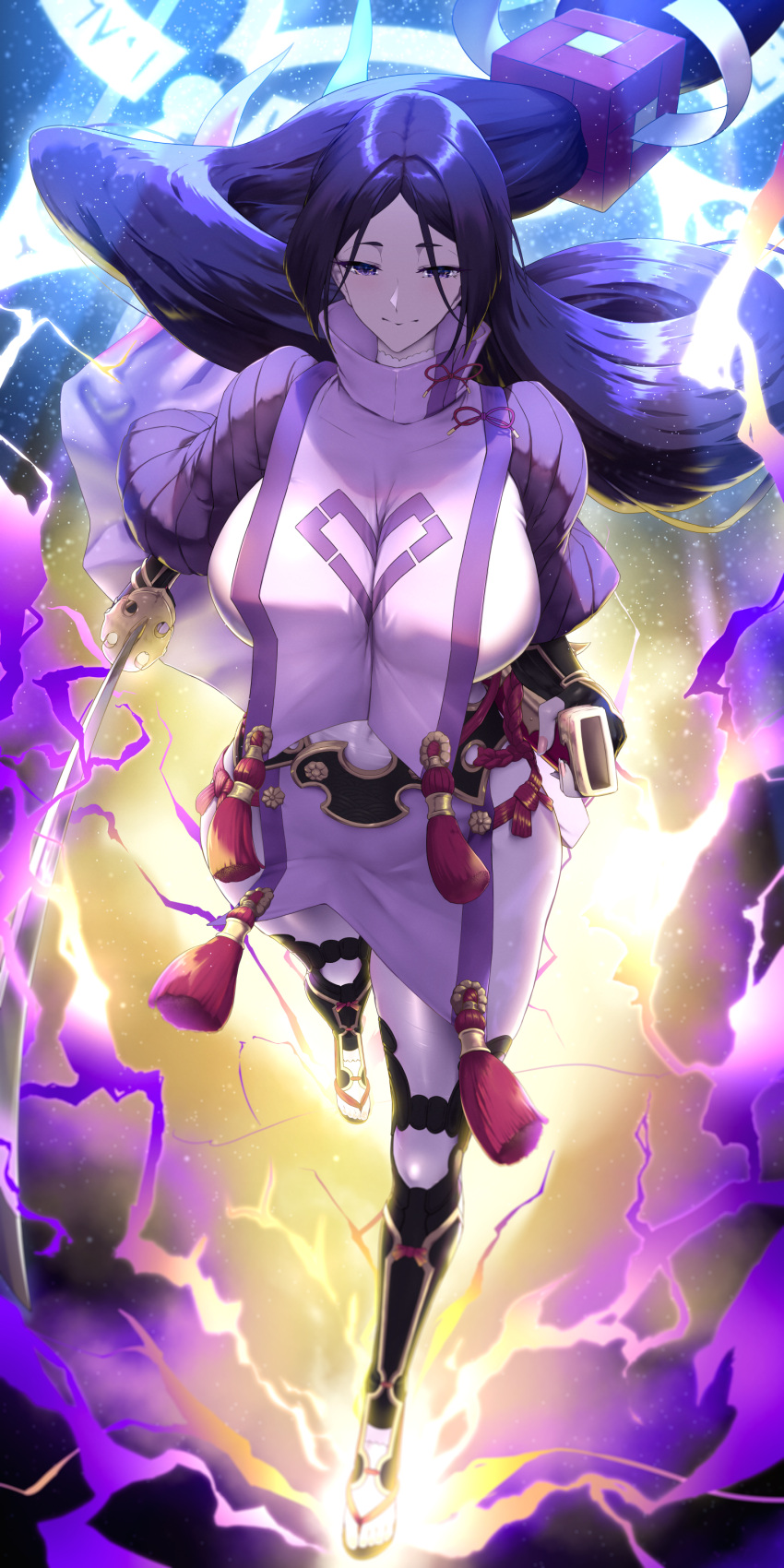 1girl absurdres armor black_gloves bodysuit breasts elbow_gloves electricity fate/grand_order fate_(series) fingerless_gloves gloves highres japanese_armor katana kote large_breasts long_hair looking_at_viewer minamoto_no_raikou_(fate) parted_bangs pelvic_curtain purple_bodysuit purple_eyes purple_hair ribbed_sleeves rope shiroshisu smile solo sword tabard tassel very_long_hair weapon