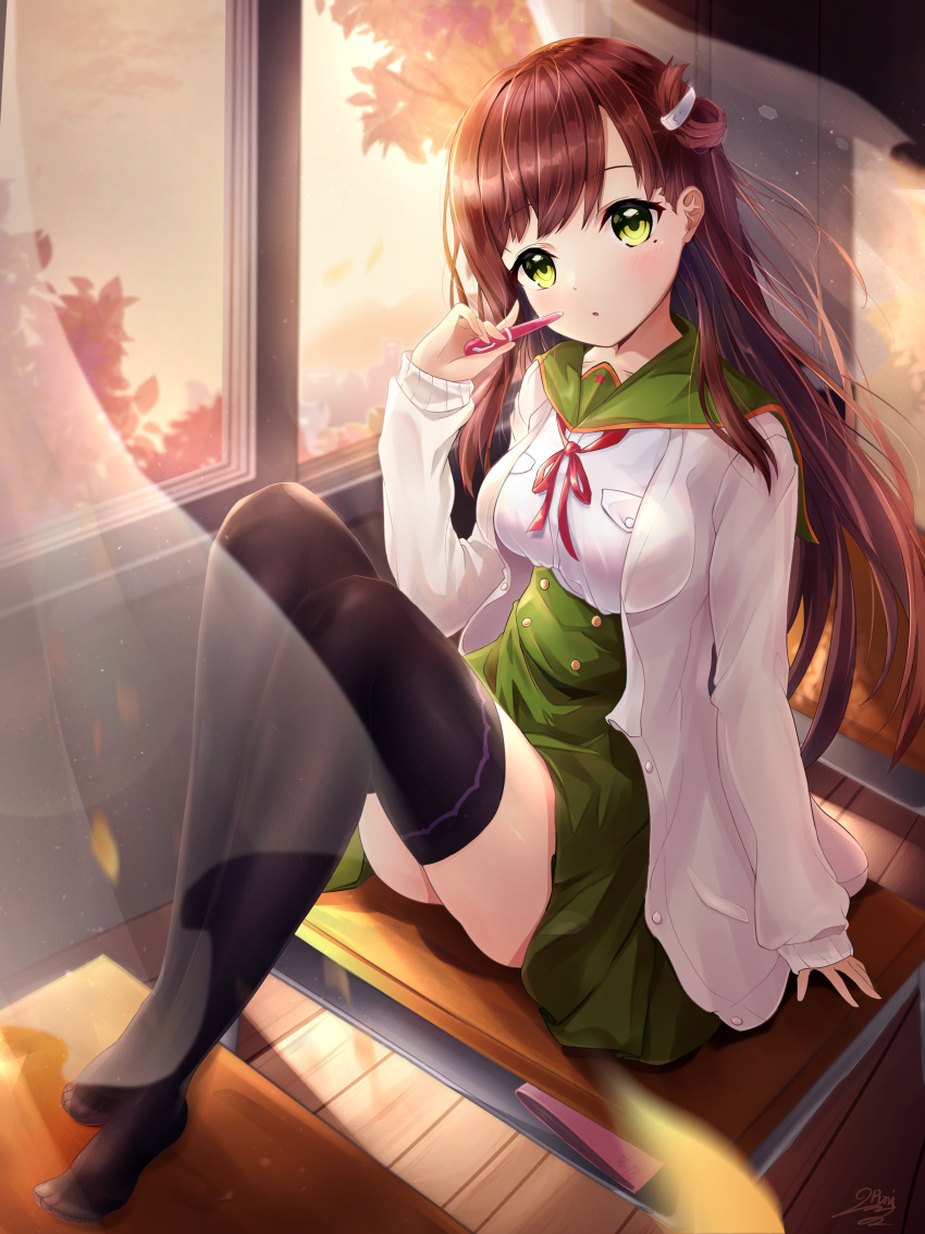 1girl absurdres breasts brown_hair classroom curtains desk gakkou_gurashi! highres holding holding_pen huge_filesize large_breasts long_hair long_sleeves neck_ribbon no_shoes on_desk pen punimon_(user_ymmd3824) ribbon school_uniform sitting sitting_on_desk solo sweater thighhighs thighs tree wakasa_yuuri white_sweater window yellow_eyes