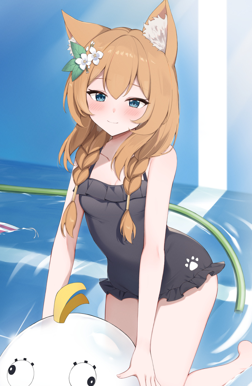 absurdres animal_ear_fluff animal_ears black_one-piece_swimsuit blue_archive braid casual_one-piece_swimsuit cat_ears cat_girl flower frilled_one-piece_swimsuit frills hair_flower hair_ornament halo highres hose kneeling kurigura_(sketch_san) long_hair looking_at_viewer low_twin_braids mari_(blue_archive) mari_(swimsuit)_(blue_archive) no_halo official_alternate_costume one-piece_swimsuit orange_hair paw_print peroro_(blue_archive) pool smile swimsuit twin_braids white_flower yellow_halo
