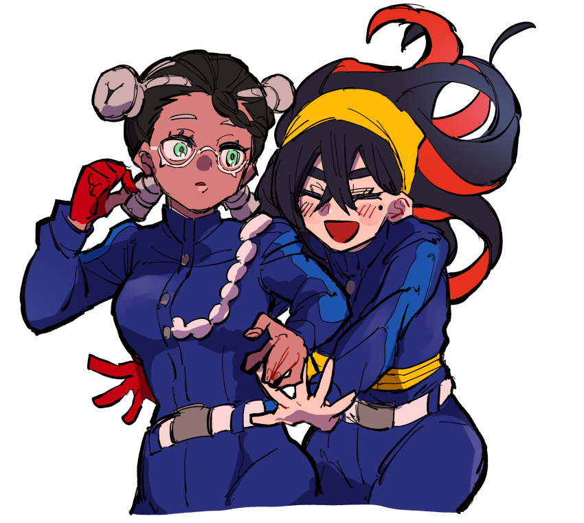 2girls abota01 absurdres amarys_(pokemon) black_hair blue_jacket blue_pants blueberry_academy_school_uniform carmine_(pokemon) crossed_bangs dark-skinned_female dark_skin glasses gloves green_eyes hair_between_eyes hairband highres hug hug_from_behind jacket long_sleeves mole mole_under_eye multiple_girls open_mouth pants partially_fingerless_gloves pokemon pokemon_sv red_gloves red_hair school_uniform single_glove white_background yellow_hairband