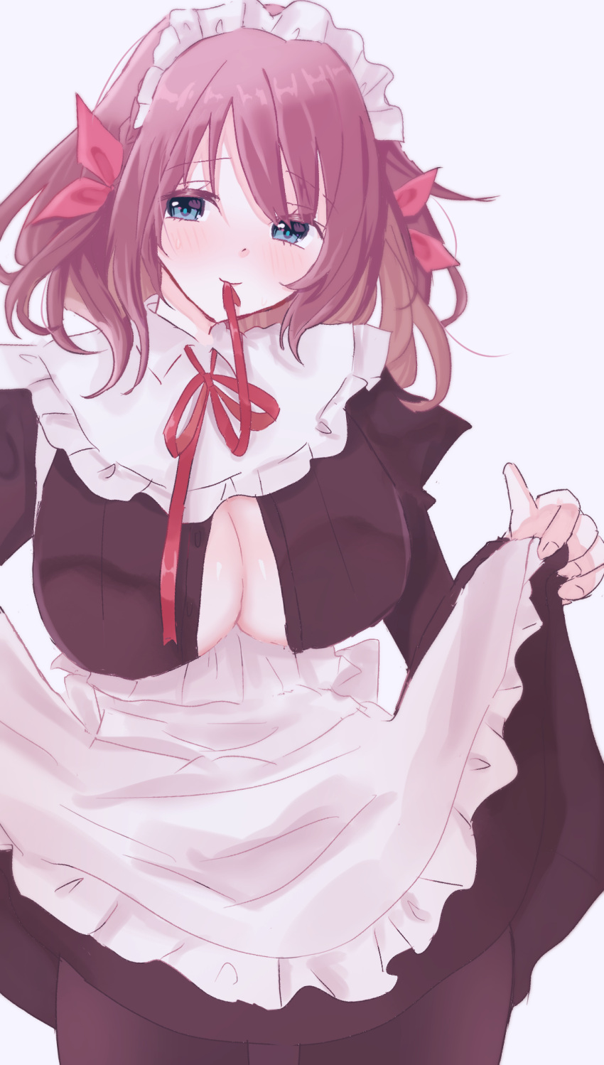 1girl aoi_tori_(purple_software) apron aqua_eyes blush breasts brown_hair cleavage closed_mouth colored_eyelashes commentary_request cowboy_shot frilled_apron frills hair_between_eyes hair_ribbon highres juliet_sleeves large_breasts long_sleeves looking_at_viewer maid maid_apron maid_headdress medium_hair mouth_hold neck_ribbon puffy_sleeves red_ribbon ribbon ribbon_in_mouth sakaniwa_t simple_background skirt_hold smile solo sweatdrop umino_akari white_apron white_background