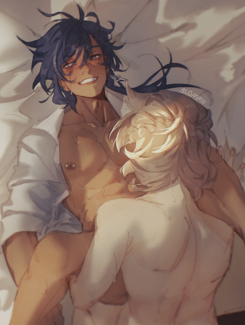 2boys albedo_(genshin_impact) artist_name back blonde_hair blue_hair blush clenched_teeth collarbone dark-skinned_male dark_skin dress_shirt from_above genshin_impact heterochromia highres interracial kaeya_(genshin_impact) knees_up lying multiple_boys nipple_bar nipple_piercing nipples on_back on_bed open_clothes open_mouth open_shirt partially_blind pectorals piercing scar scar_across_eye sex shirt slommii teeth toned toned_male white_shirt yaoi