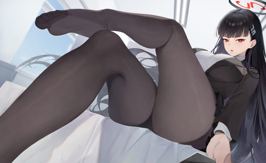 1girl absurdres ass black_hair black_jacket black_pantyhose black_skirt black_suit blue_archive blush breasts clothes_lift clothes_pull collared_shirt feet foot_focus foot_out_of_frame formal hair_ornament hairclip halo highres indoors jacket kanon_(sinto) large_breasts legs long_hair long_sleeves looking_at_viewer lying no_shoes open_mouth panties panties_under_pantyhose pantyhose parted_lips pleated_skirt red_eyes rio_(blue_archive) school_uniform shirt sitting skirt skirt_lift skirt_pull soles solo suit sweater thighband_pantyhose thighs toes turtleneck underwear uniform very_long_hair white_shirt
