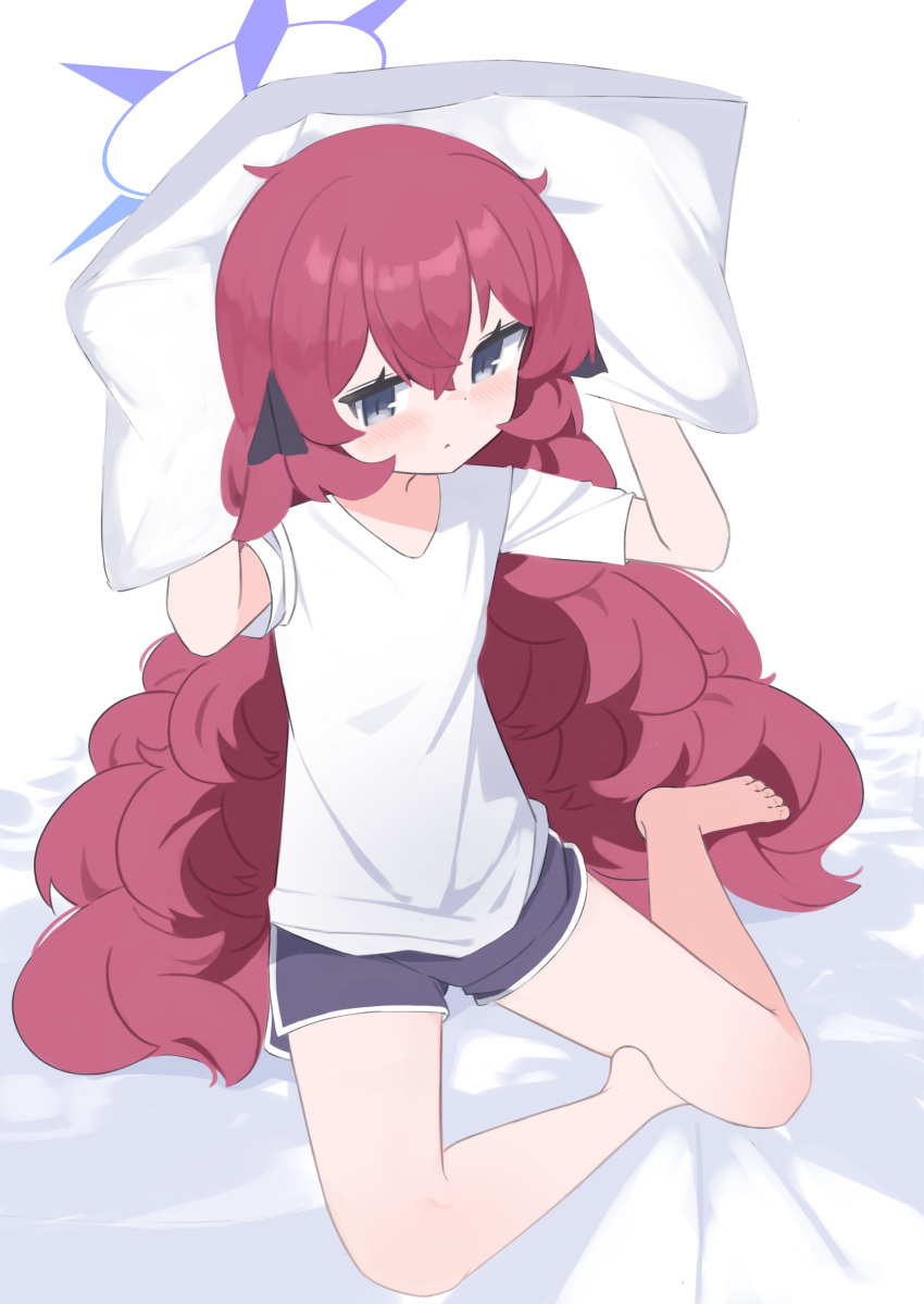 absurdres anma21 arms_behind_head barefoot bed blue_archive blush bow expressionless grey_eyes halo head_on_pillow highres iroha_(blue_archive) long_hair on_bed pillow red_hair shirt shorts sitting tagme white_background white_shirt