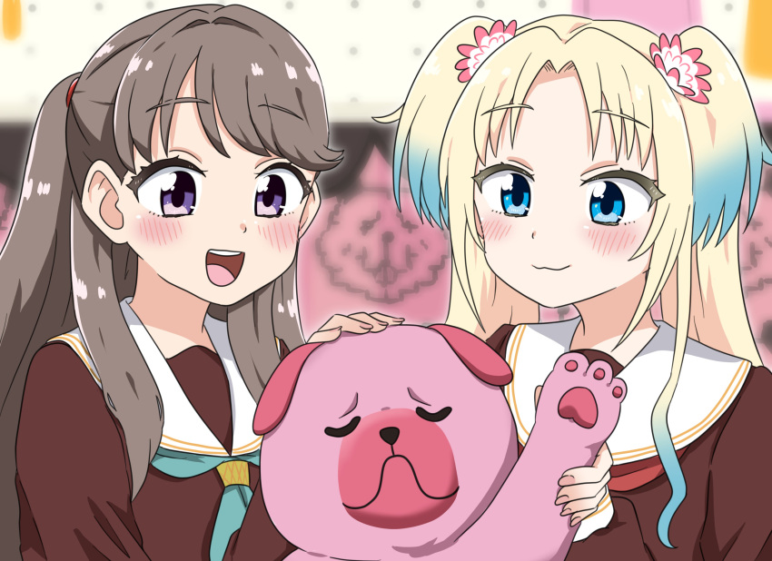 2girls :3 :d absurdres blonde_hair blue_eyes blue_hair blurry blurry_background blush brown_hair bulldog closed_mouth flower fujishima_megumi gradient_hair hair_flower hair_ornament hand_on_another's_head highres holding holding_stuffed_toy kanzaki_gou light_blue_hair link!_like!_love_live! long_hair looking_at_object love_live! mira-cra_park! multicolored_hair multiple_girls open_mouth osawa_rurino parted_bangs pink_flower purple_eyes sidelocks smile stuffed_animal stuffed_dog stuffed_toy tongue twintails two_side_up virtual_youtuber white_flower