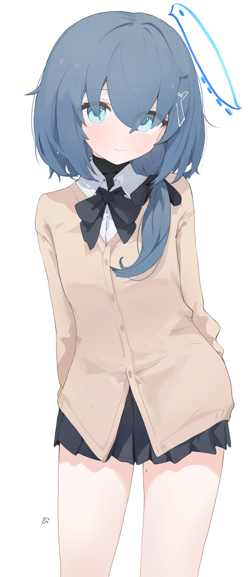 1girl absurdres black_bow black_bowtie black_skirt blue_eyes blue_hair blue_halo bow bowtie brown_cardigan cardigan closed_mouth copyright_request halo highres long_hair long_sleeves looking_at_viewer mikozin simple_background skirt smile solo standing white_background