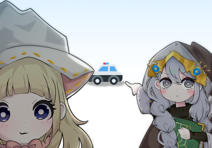 2girls :3 absurdres asteria_of_the_white_woods blue_eyes book braid car duel_monster grey_eyes grey_hair hat highres holding holding_book hood liesette_of_the_white_forest meme motor_vehicle multiple_girls pointing police_car shiro_pawn twin_braids white_background witch_hat yu-gi-oh!