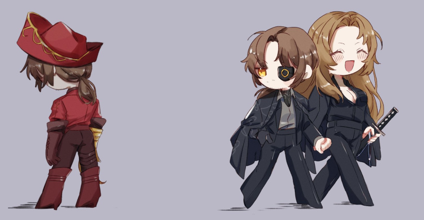 2boys black_coat black_jacket black_pants blush boots brown_hair brown_pants chibi closed_eyes coat dual_persona full_body gregor_(project_moon) hat holding_hands jacket limbus_company long_hair mechanical_arms multiple_boys open_mouth pants pirate_hat project_moon red_footwear red_hat red_jacket rengonoko2 rodion_(project_moon) single_mechanical_arm smile very_long_hair