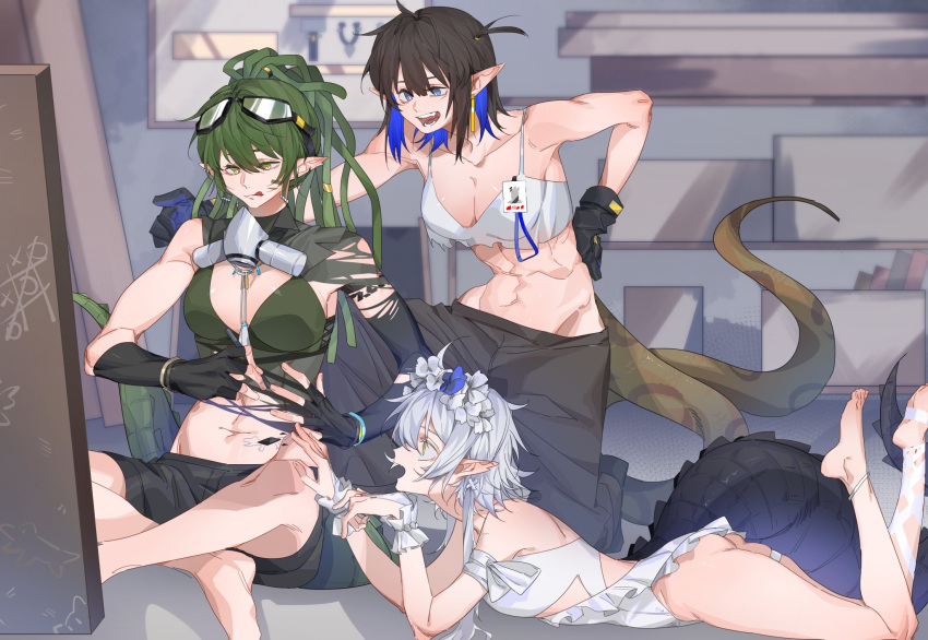 3girls abs arknights ass bare_legs black_gloves black_hair black_pants black_shorts blue_flower blue_hair breasts cleavage closed_mouth colored_inner_hair commentary crop_top earrings elbow_gloves eunectes_(arknights) eunectes_(forgemaster)_(arknights) fingerless_gloves flower gavial_(arknights) gavial_the_invincible_(arknights) gloves goggles goggles_on_head green_hair green_shirt hair_flower hair_ornament highres id_card indoors jewelry large_breasts licking_lips lizard_tail long_hair mask mask_around_neck material_growth midriff molu_stranger multicolored_hair multiple_girls navel one-piece_swimsuit oripathy_lesion_(arknights) pants pointy_ears shirt shorts sleeveless sleeveless_shirt swimsuit tail tank_top thigh_strap tic-tac-toe tomimi_(arknights) tomimi_(silent_night)_(arknights) tongue tongue_out white_flower white_hair white_one-piece_swimsuit white_tank_top wrist_cuffs