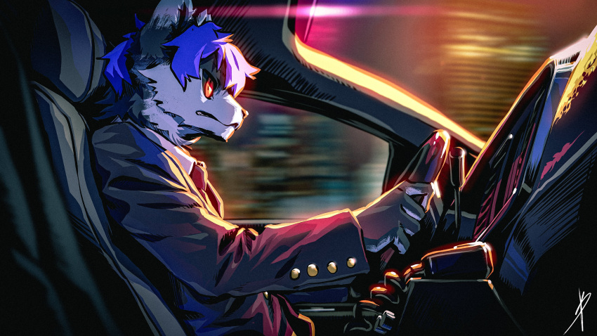 2021 absurd_res anthro black_sclera blaedic blue_hair building canid canine canis car cheek_tuft clenched_teeth clothed clothing cuff_links dashboard detailed_background detective driving facial_tuft hair half-length_portrait hi_res inside_car leon_(leon147851) light lighting low-angle_view male male_anthro mammal motion_blur necktie night orange_eyes police portrait side_view sitting skyscraper solo suit_jacket teeth tuft vehicle vintage walkie-talkie wolf