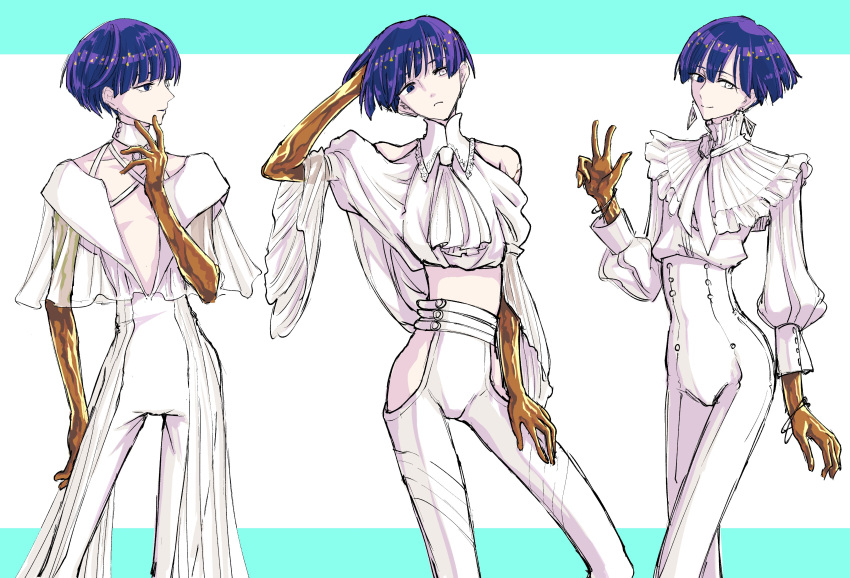 1other absurdres adapted_costume arm_at_side ascot blue_eyes blue_hair bowl_cut closed_mouth clothing_cutout contrapposto cowboy_shot crop_top earrings frilled_shirt_collar frills golden_arms hand_in_own_hair hand_up head_tilt heterochromia high-waist_pants highres hip_vent houseki_no_kuni itabasami jewelry long_sleeves looking_to_the_side midriff moon_uniform_(houseki_no_kuni) multiple_views other_focus pants parted_lips phosphophyllite phosphophyllite_(ll) plunging_neckline puffy_long_sleeves puffy_sleeves revealing_clothes see-through see-through_sleeves short_hair short_sleeves shoulder_cutout smile spoilers w white_ascot white_background white_eyes white_pants wide_sleeves