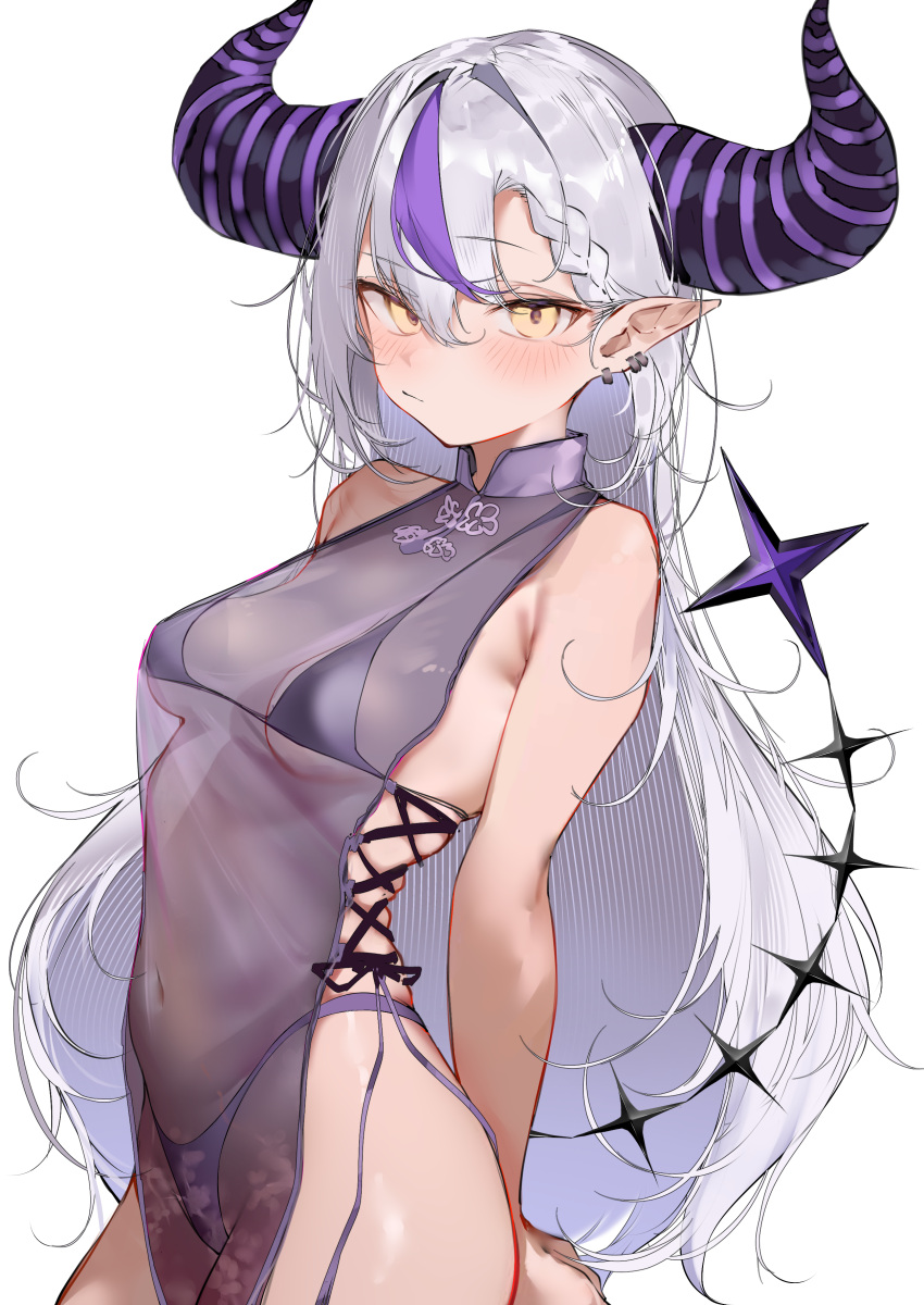 1girl absurdres armpit_crease arms_behind_back bare_arms bare_shoulders bikini blush braid braided_bangs breasts closed_mouth commentary covered_navel cross-laced_clothes cross-laced_dress demon_girl demon_horns demon_tail dress ear_piercing grey_hair hair_between_eyes highres hololive horns huge_horns la+_darknesss looking_at_viewer multicolored_hair pepq piercing pointy_ears purple_bikini purple_dress purple_hair purple_horns see-through see-through_dress sideless_dress small_breasts solo streaked_hair striped_horns swimsuit symbol-only_commentary tail transparent_background upper_body virtual_youtuber yellow_eyes
