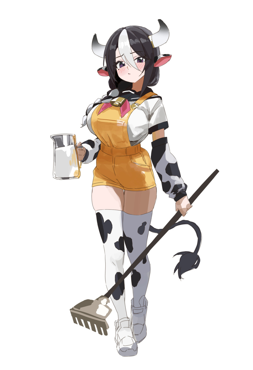 1girl absurdres animal_ears animal_print arm_warmers bell black_hair black_sailor_collar blush braid breasts closed_mouth cow_ears cow_girl cow_horns cow_print cow_tail cowbell full_body highres holding horns large_breasts milk mole mole_under_eye multicolored_hair original overall_shorts overalls purple_eyes sailor_collar setakman shoes simple_background single_braid solo standing tail thighhighs white_background white_footwear white_hair