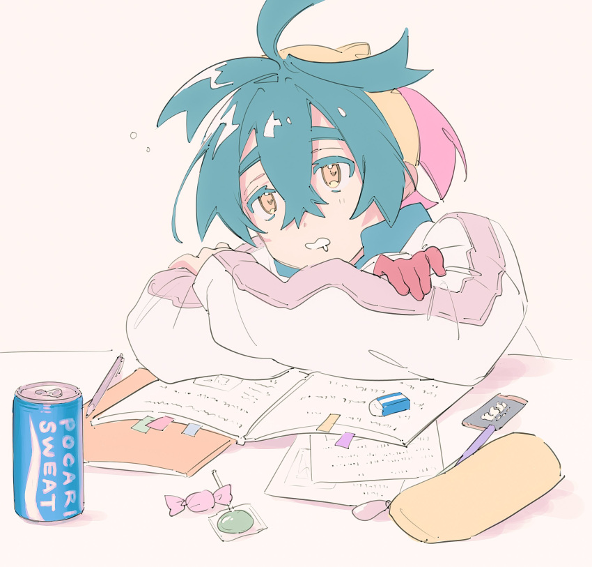 1boy black_hair book can candy crossed_arms crossed_bangs eraser food gloves hair_between_eyes highres honyaru_(nanairo39) jacket kieran_(pokemon) lollipop long_sleeves male_focus multicolored_hair orange_eyes paper pencil pencil_case pink_hair pocari_sweat pokemon pokemon_sv simple_background single_glove solo upper_body