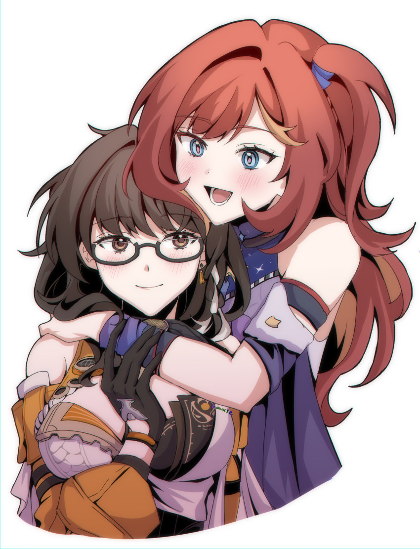 2girls bare_shoulders black_gloves blue_eyes blush breasts brown_eyes brown_hair commentary earrings female_dreamseeker_(honkai_impact) gloves highres honkai_(series) honkai_impact_3rd hug hug_from_behind jewelry large_breasts long_hair long_sleeves multiple_girls one_side_up open_mouth red_hair seha semi-rimless_eyewear senadina_(honkai_impact) simple_background single_earring symbol-only_commentary under-rim_eyewear white_background