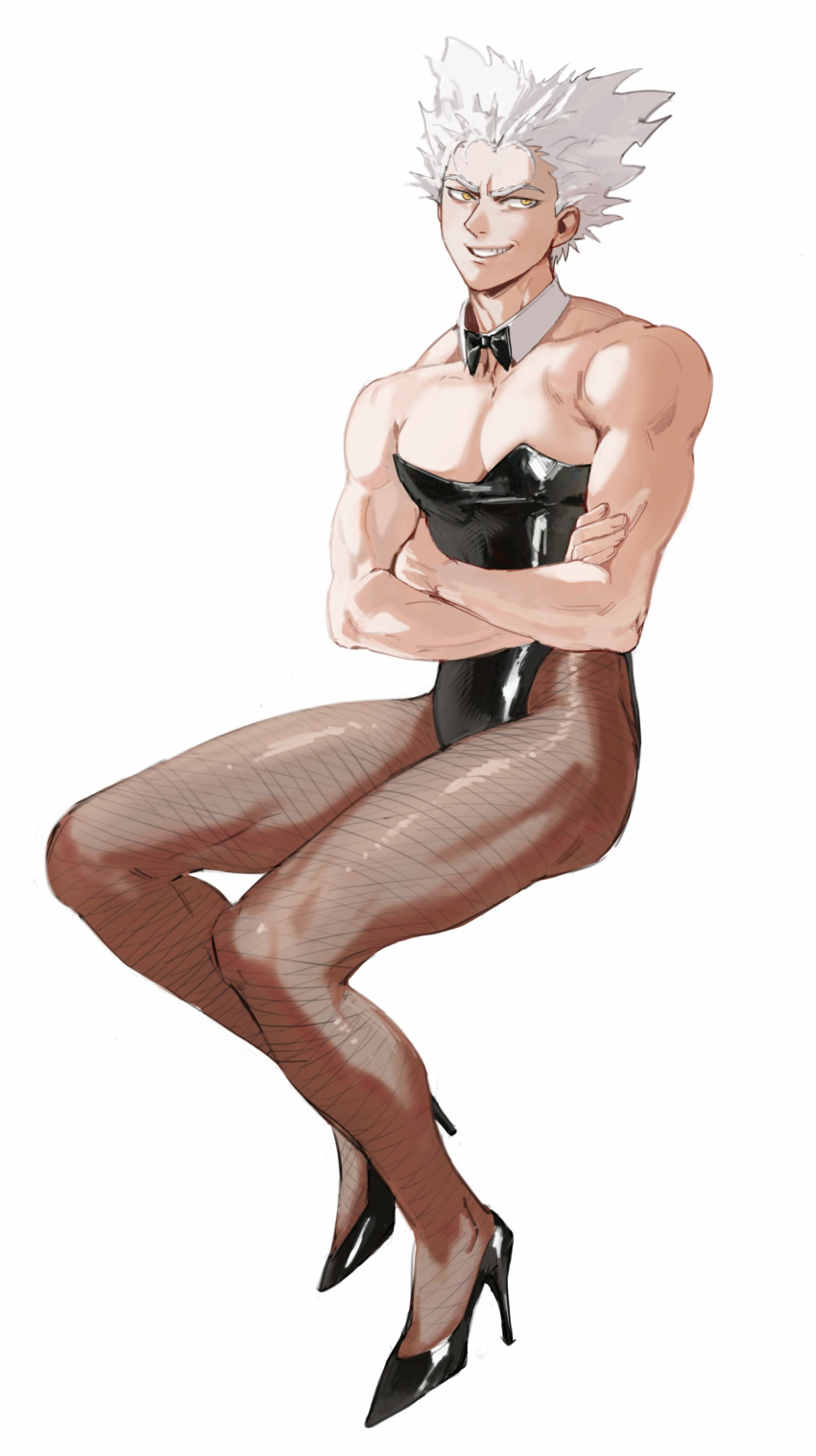 1boy absurdres alternate_costume bare_arms bare_shoulders black_footwear black_leotard bow bowtie collarbone crossdressing crossed_arms detached_collar dudlesnoodles fishnet_legwear fishnets full_body garou_(one-punch_man) grey_hair grin high_heels highres invisible_chair leotard looking_at_viewer male_focus male_playboy_bunny muscular muscular_male one-punch_man pectorals pointy_hair simple_background sitting smile solo strapless strapless_leotard symbol-only_commentary tan tanlines teeth white_background yellow_eyes