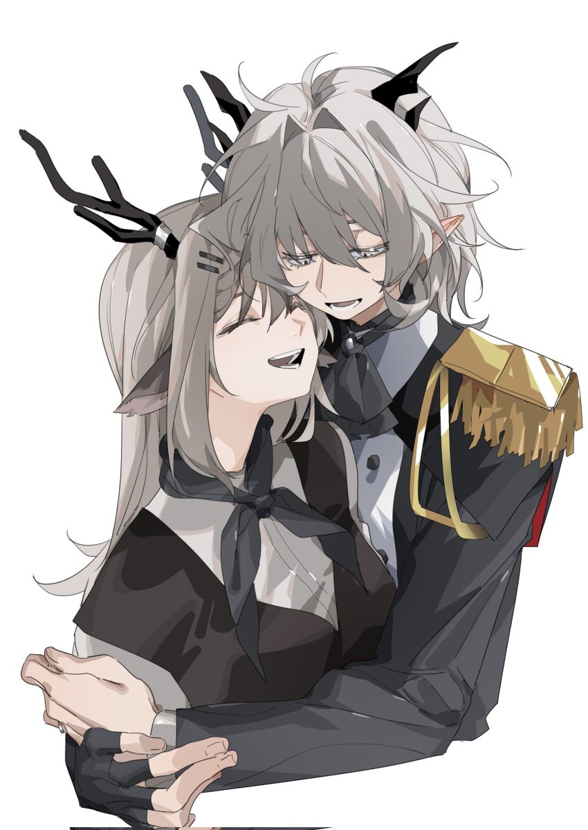 2girls alina_(arknights) animal_ears antlers arknights ascot black_ascot black_dress black_gloves black_jacket black_neckerchief closed_eyes commentary corrupted_twitter_file deer_antlers deer_ears dress epaulettes fingerless_gloves gloves grey_hair hair_ornament hairclip heads_together highres horns hug jacket jewelry long_hair molu_stranger multiple_girls neckerchief open_mouth pointy_ears ring single_glove smile talulah_(arknights) upper_body yuri