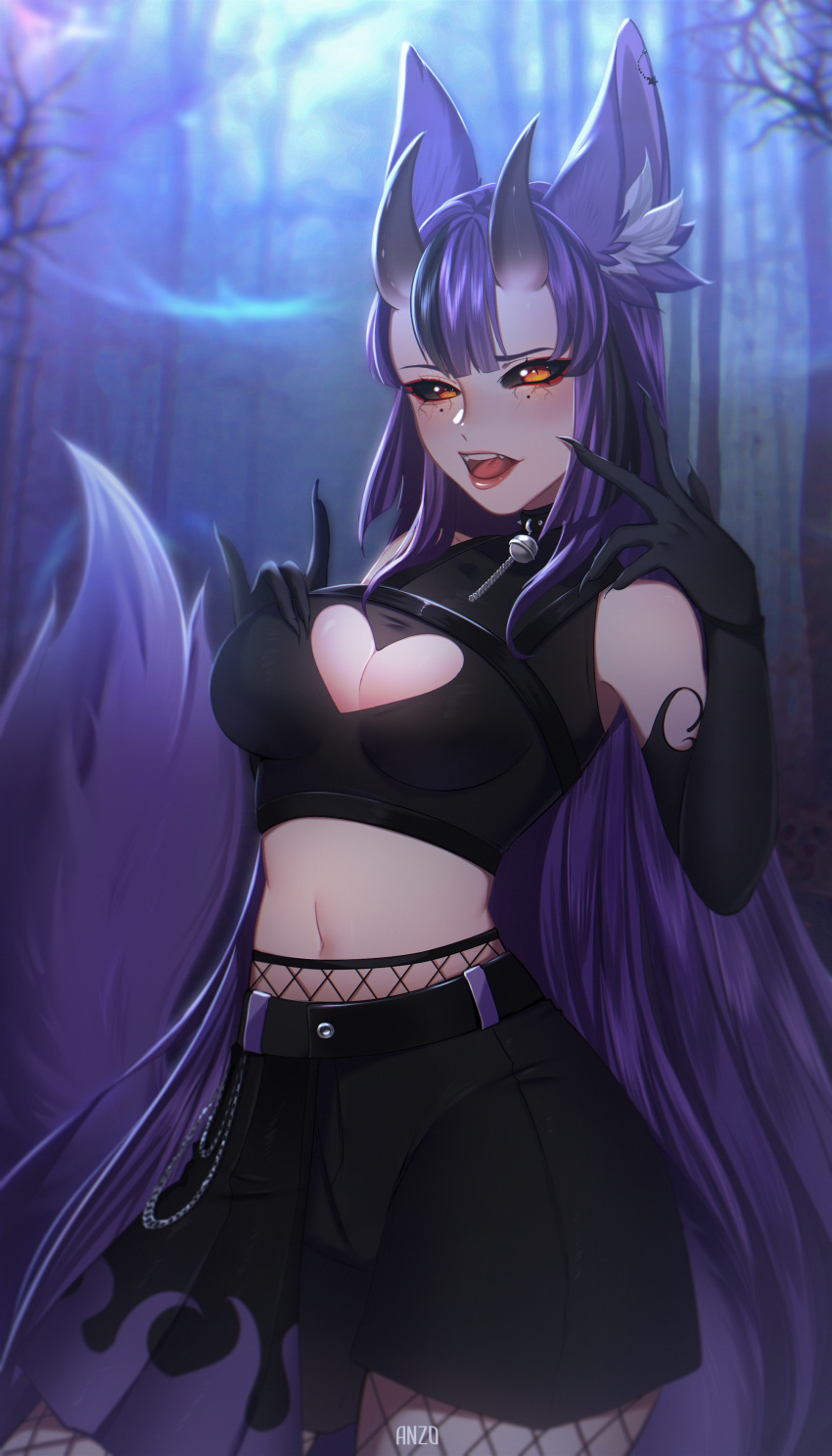 1girl absurdres animal_ears anzo artist_name awful_queen_(vtuber) bell black_nails breasts cleavage cleavage_cutout clothing_cutout crop_top demon_girl fox_ears fox_girl fox_tail heart_cutout highres horns indie_virtual_youtuber looking_at_viewer neck_bell open_mouth purple_hair skirt tail virtual_youtuber