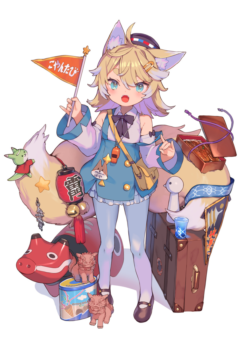 1girl :o animal_ears bag bangs black_footwear blue_eyes bow bowtie commentary_request detached_sleeves flag food fox_ears fox_girl fox_tail full_body hair_ornament hairclip handbag highres holding holding_flag lampion light_brown_hair long_hair looking_at_viewer mary_janes multiple_tails obentou original pantyhose ribbon shindou_kamichi shoes sidelocks simple_background solo standing suitcase tail thick_eyebrows translation_request white_background white_legwear wide_sleeves