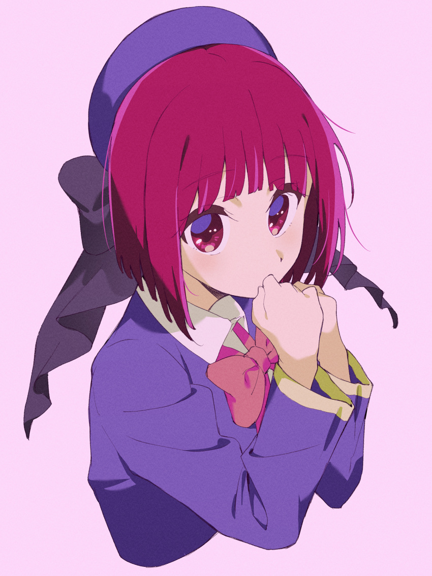 1girl absurdres arima_kana beret black_bow blazer blue_hat blunt_bangs bob_cut bow bowtie collared_shirt commentary covered_mouth cropped_torso hands_up hat highres jacket koiori looking_at_viewer oshi_no_ko own_hands_together purple_jacket red_bow red_bowtie red_eyes red_hair shirt short_hair solo white_shirt