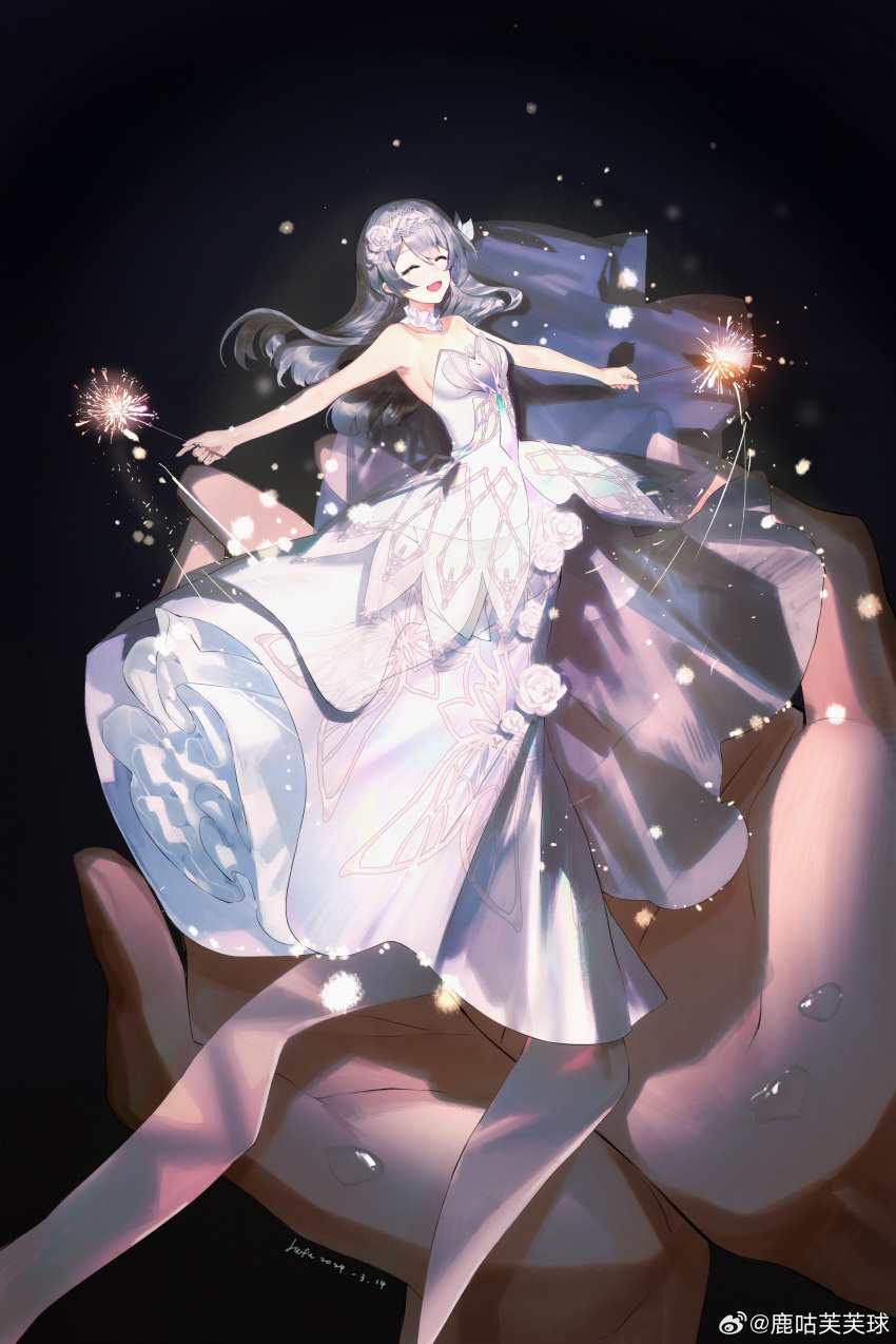 1girl absurdres black_background choker closed_eyes closed_mouth deer_gu_fu_fu_ball dress firefly_(honkai:_star_rail) floating_hair flower grey_hair hair_between_eyes hands_up highres holding_fireworks honkai:_star_rail honkai_(series) long_dress looking_at_viewer outstretched_arms sleeveless smile solo strapless strapless_dress tiara white_choker white_dress