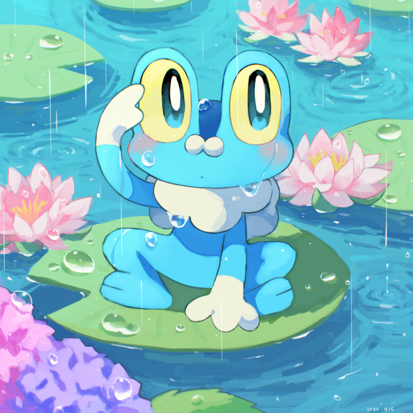 aiueo_(vhzr4444) arm_up blush bright_pupils closed_mouth colored_sclera commentary_request flower froakie highres lily_pad no_humans outdoors pink_flower pokemon pokemon_(creature) ripples sitting solo water water_drop white_pupils yellow_sclera