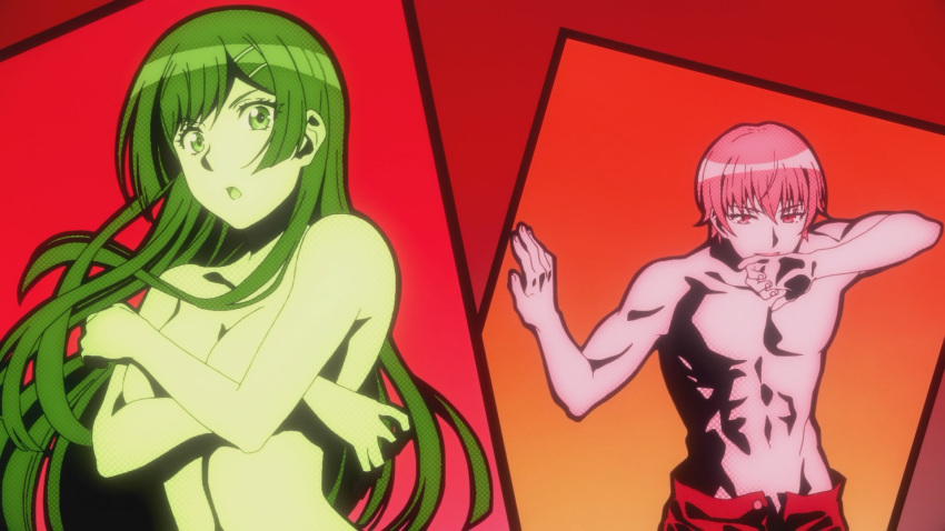 1boy 1girl abs anime_screenshot completely_nude covering_breasts covering_privates eyebrows_hidden_by_hair feet_out_of_frame groin hair_between_eyes hair_ornament hairclip hand_on_wall hibiki_otonashi_(tsuki_ga_michibiku_isekai_douchuu) highres long_hair looking_at_viewer multiple_monochrome non-web_source nude official_art open_mouth red_background short_hair shorts tomoki_iwahashi toned toned_male tsuki_ga_michibiku_isekai_douchuu upper_body very_long_hair wiping_mouth