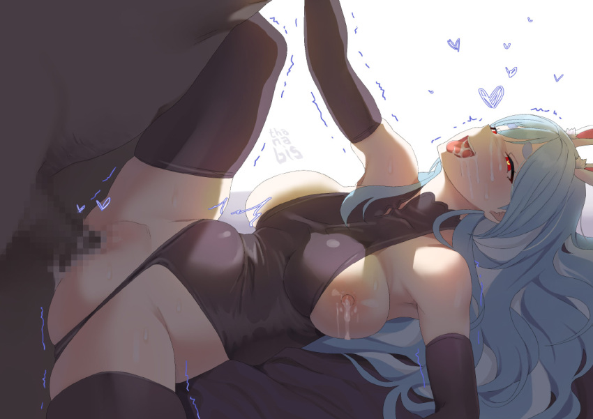1boy 1girl animal_ears artist_name black_bodysuit black_thighhighs blue_hair blush bodysuit breasts breasts_out censored clothed_sex clothing_aside commentary cum cum_on_body cum_on_breasts dark-skinned_male dark_skin facial heart heart-shaped_pupils hetero hololive interracial lactation large_breasts long_hair mature_female missionary mosaic_censoring multicolored_hair nipples open_mouth orange_eyes pekomama penis pussy rabbit_ears rabbit_girl sex solo_focus spread_legs streaked_hair symbol-only_commentary symbol-shaped_pupils thanabis thighhighs tongue tongue_out vaginal virtual_youtuber white_hair