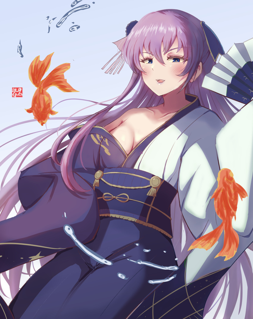 1girl absurdres blue_eyes blue_kimono blush breasts fate/extra fate/extra_ccc fate/grand_order fate_(series) fish flower goldfish hair_flower hair_ornament hair_ribbon highres iron_samurai japanese_clothes kimono long_hair long_sleeves looking_at_viewer meltryllis_(fate) obi off_shoulder open_mouth purple_hair ribbon sash sleeves_past_fingers sleeves_past_wrists small_breasts smile solo very_long_hair wide_sleeves