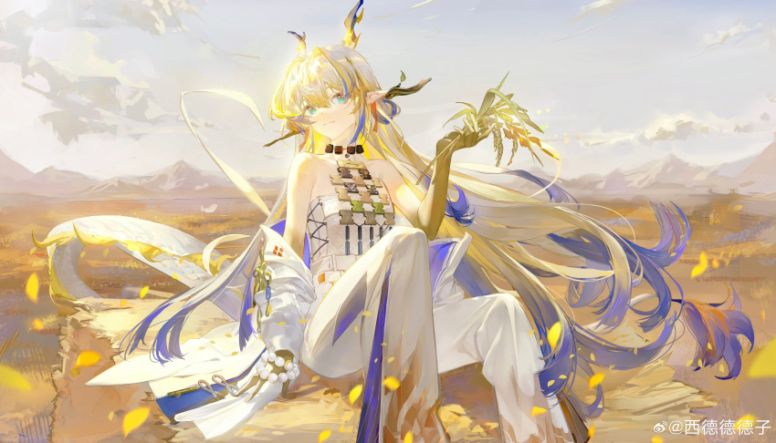 1girl absurdres aqua_eyes arknights bare_shoulders beads blonde_hair bloom blue_hair blue_horns brown_hair chinese_commentary closed_mouth clothes_down collarbone commentary_request day dragon_girl dragon_horns dragon_tail earrings feet_out_of_frame grey_hair grey_horns hair_between_eyes hair_intakes hand_up highres holding holding_plant horns jacket jewelry long_hair long_sleeves looking_at_viewer multicolored_hair necklace off_shoulder open_clothes open_jacket outdoors pants petals plant pointy_ears shu_(arknights) sitting smile solo strapless sunlight tail tube_top very_long_hair watermark weibo_logo white_jacket white_pants white_tail white_tube_top wind xide_dedezi yellow_horns yellow_tail