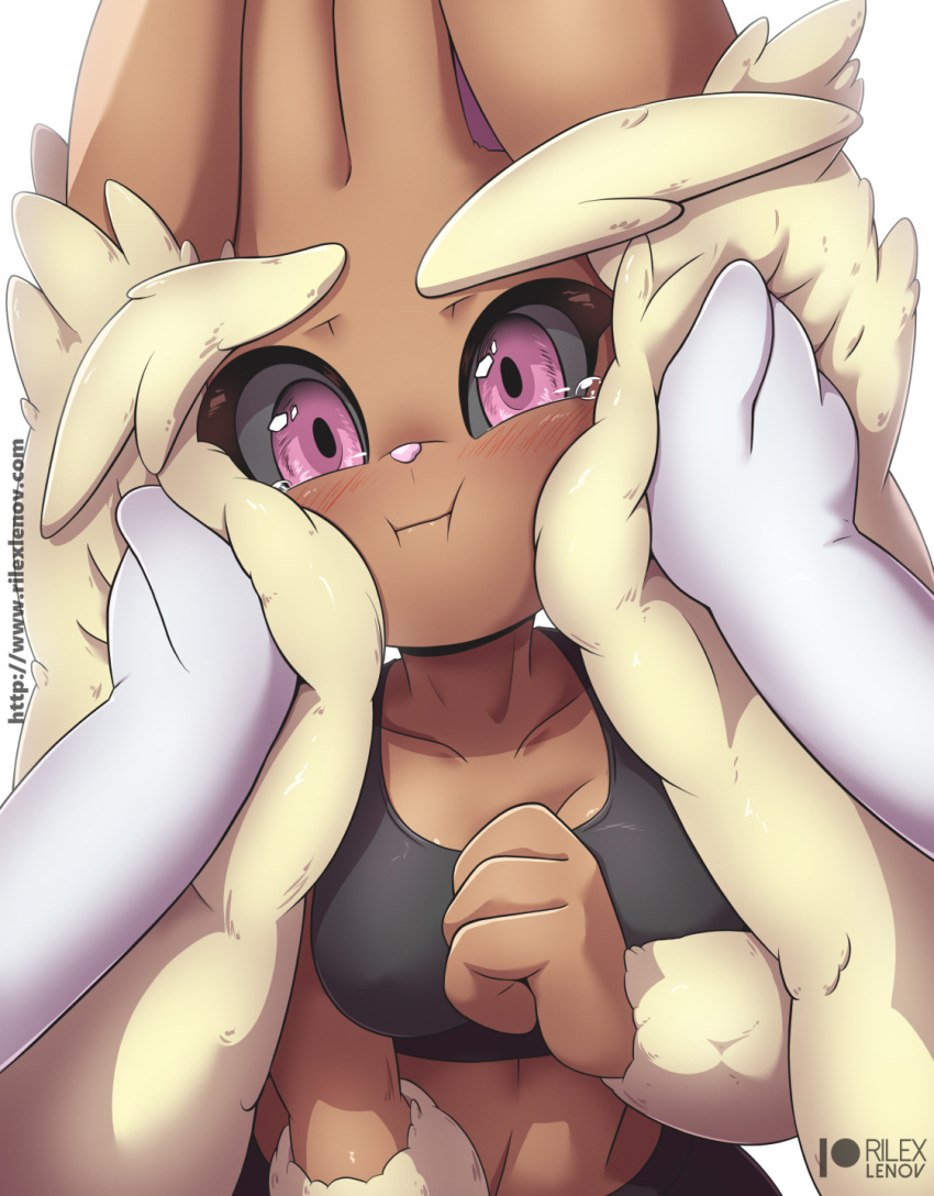 anthro big_breasts black_sclera breasts brown_body clothed clothing female fur generation_4_pokemon hi_res lagomorph lopunny mammal nintendo nipple_outline pink_eyes pokemon pokemon_(species) rilex_lenov solo