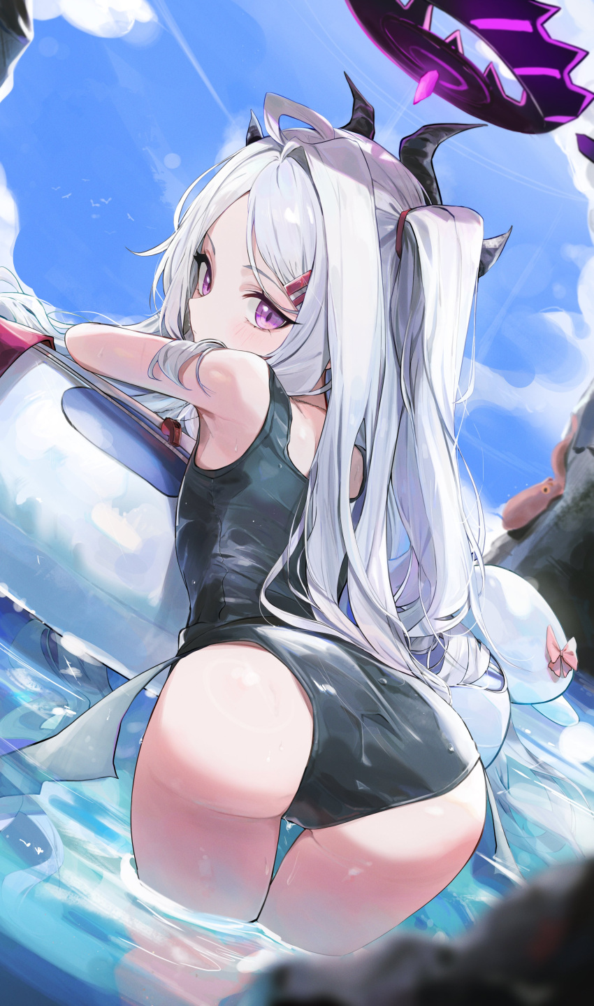 1girl absurdres ahoge ass ass_focus bare_shoulders blanc_(whit_blanc) blue_archive blue_sky closed_mouth cloud demon_horns demon_wings hair_ornament hair_rings hairclip halo highres hina_(blue_archive) hina_(swimsuit)_(blue_archive) horns innertube leaning_forward looking_at_viewer ocean one-piece_swimsuit outdoors parted_bangs ponytail purple_eyes school_swimsuit side_ponytail sky swim_ring swimsuit thighs white_hair white_innertube wings