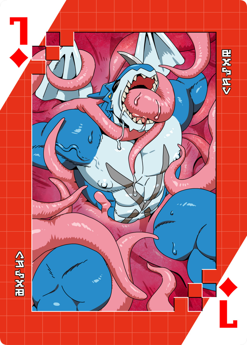 abs anthro bandai_namco blue_body card digimoji digimon digimon_(species) exveemon hi_res male muscular muscular_anthro muscular_male nipples oral oral_penetration pecs penetration playing_card restrained restrained_by_tentacles roaringmoon scalie solo suit_symbol tentacle_in_mouth tentacle_penetration tentacles tentacles_on_male