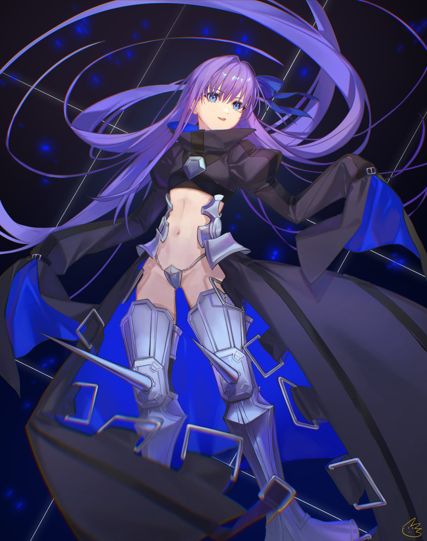 1girl absurdres armored_boots black_jacket blue_eyes blue_ribbon boots breasts cropped_jacket crotch_plate fate/extra fate/extra_ccc fate_(series) hair_ribbon highres jacket jiajiayu long_hair long_sleeves meltryllis_(fate) navel prosthesis prosthetic_leg purple_hair ribbon sleeves_past_fingers sleeves_past_wrists small_breasts solo very_long_hair