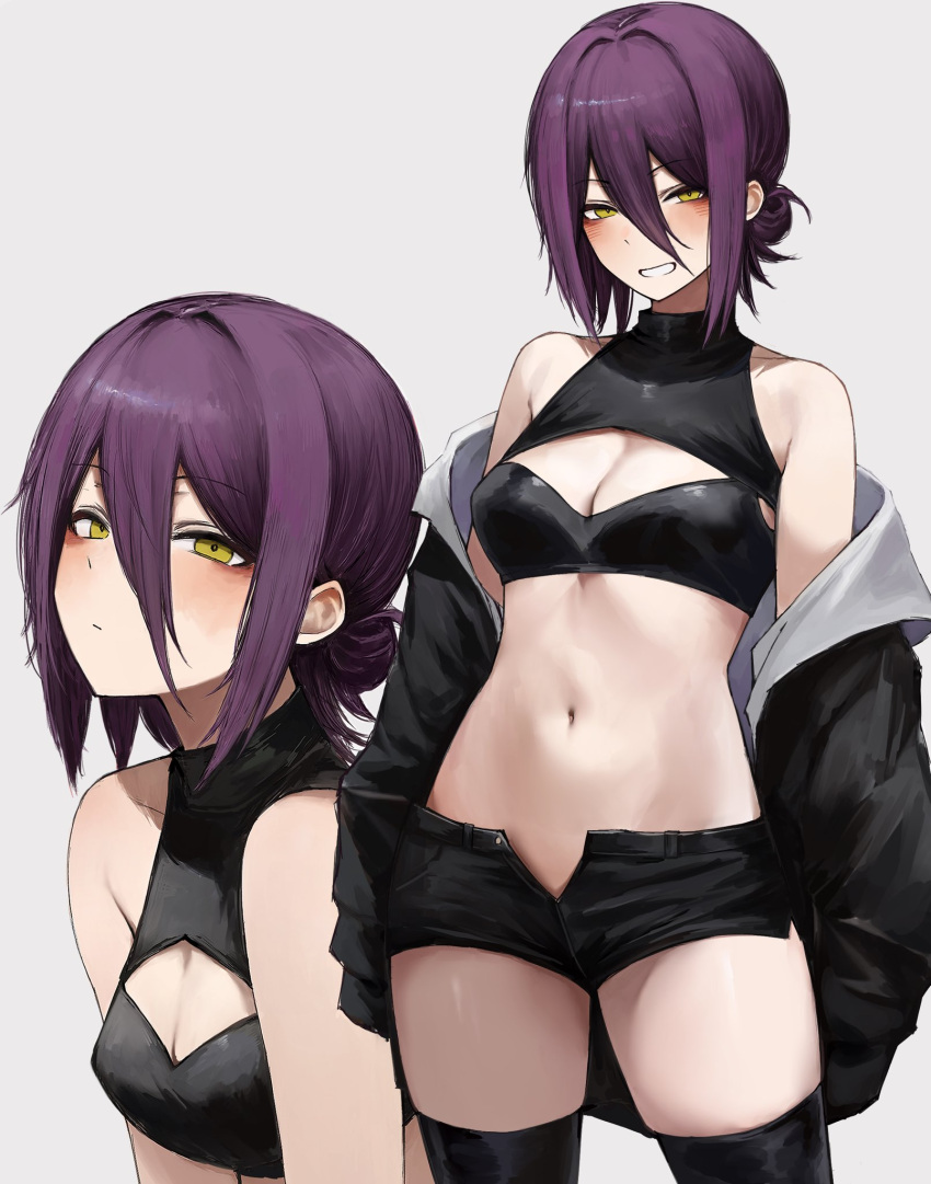 1girl :/ arms_at_sides bare_shoulders black_jacket black_shorts black_thighhighs blush breasts chainsaw_man cleavage cleavage_cutout closed_mouth clothing_cutout cowboy_shot crop_top deyo_(nicijyou) double-parted_bangs green_eyes grey_background grin hair_between_eyes hair_bun high-low_skirt highres jacket looking_at_viewer looking_back medium_breasts midriff multiple_views navel off_shoulder open_clothes open_fly open_jacket purple_hair reze_(chainsaw_man) shirt short_hair short_shorts shorts simple_background single_hair_bun sleeveless sleeveless_shirt sleeves_past_fingers sleeves_past_wrists smile standing thighhighs turtleneck turtleneck_shirt
