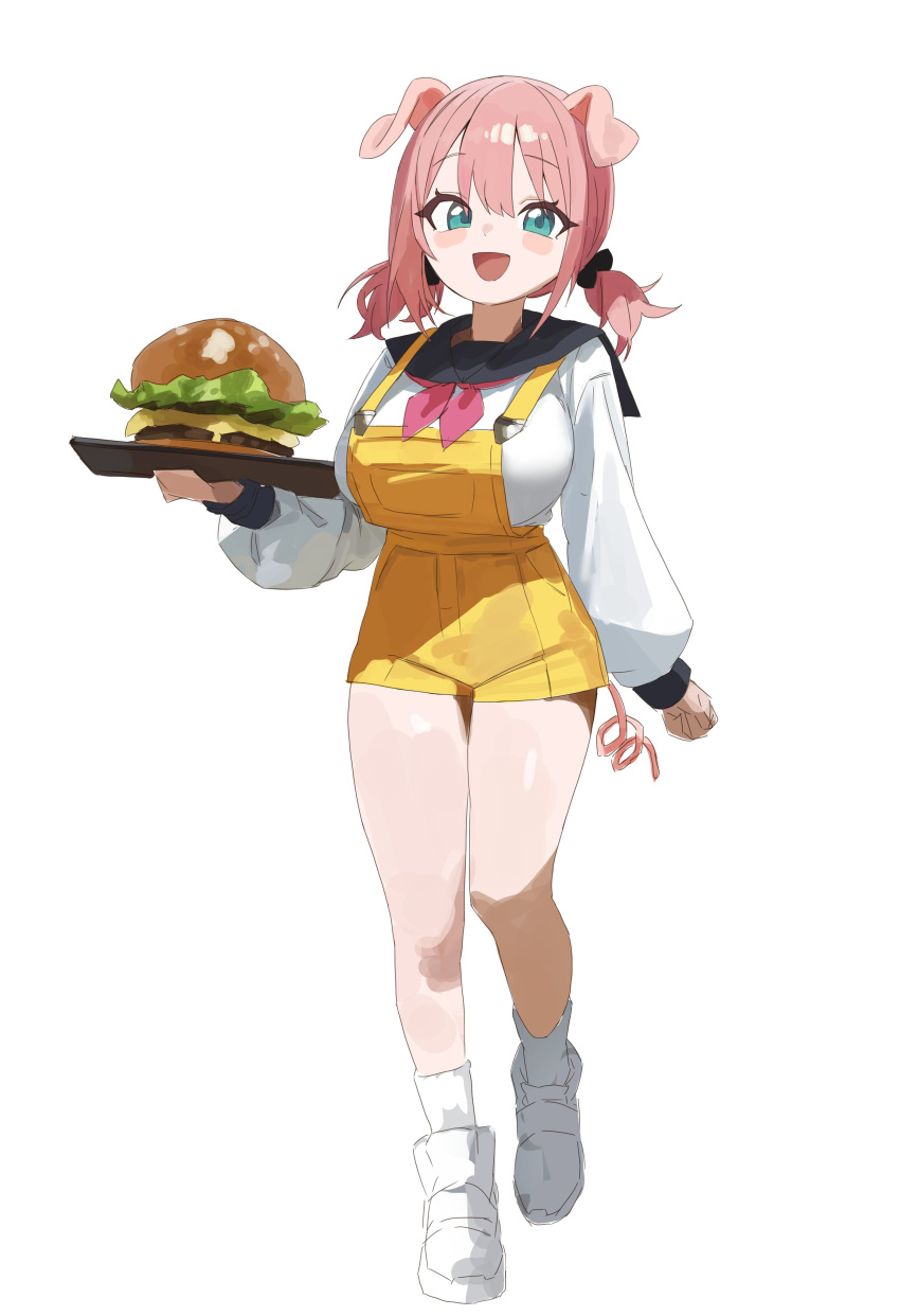 1girl absurdres animal_ears blue_eyes blush breasts burger food full_body highres holding large_breasts long_sleeves looking_at_viewer low_twintails neckerchief open_mouth original overall_shorts overalls pig_ears pig_girl pig_tail pink_hair red_neckerchief sailor_collar setakman short_twintails simple_background socks solo standing tail tray twintails white_background white_footwear white_socks