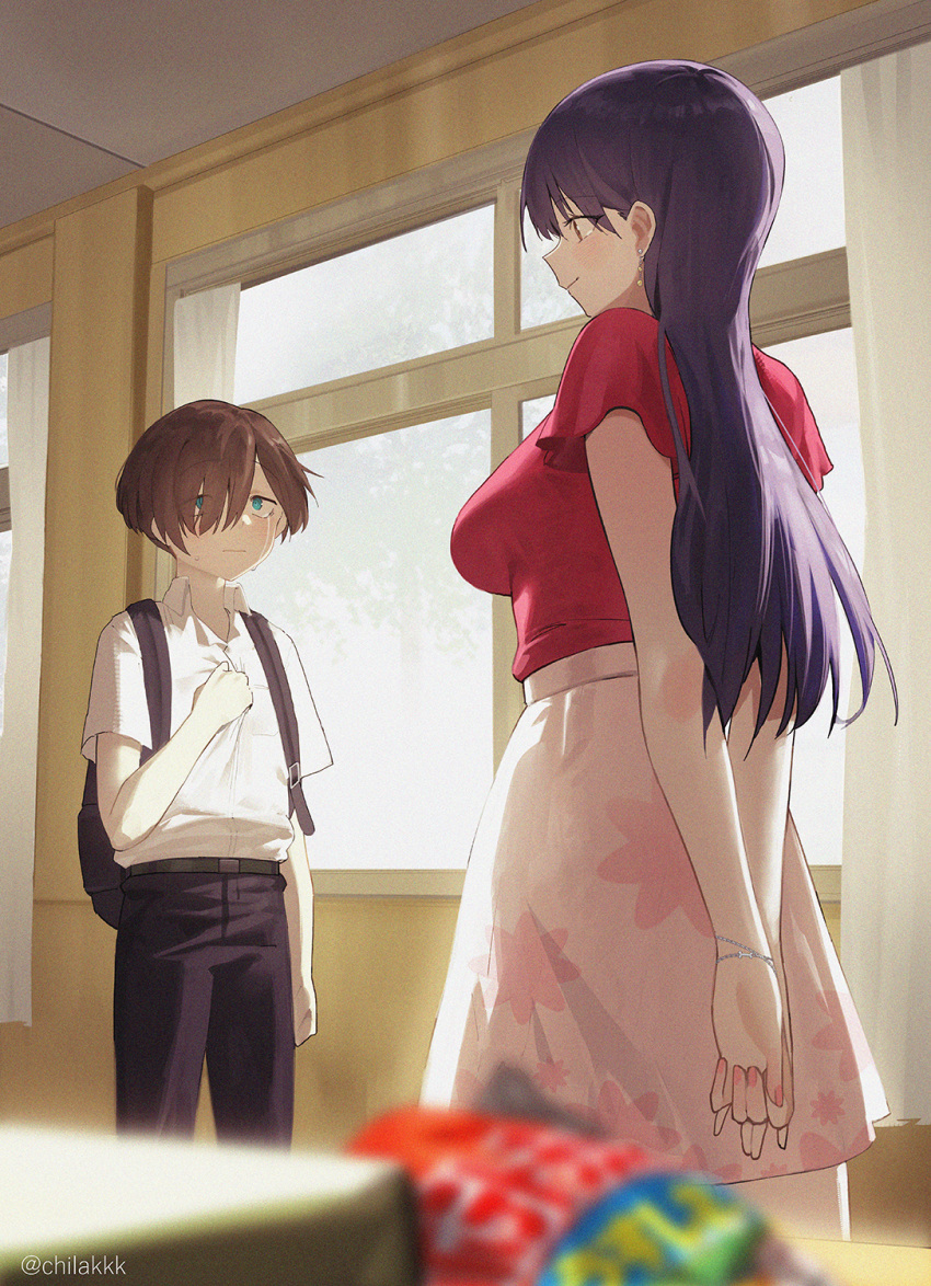 1boy 1girl arms_behind_back backpack bag black_pants blurry blurry_foreground boku_no_kokoro_no_yabai_yatsu bracelet breasts brown_hair chilakkk closed_mouth crying crying_with_eyes_open earrings highres ichikawa_kyoutarou indoors jewelry large_breasts long_hair looking_at_another pants pink_skirt profile red_shirt shirt short_hair skirt tears twitter_username white_shirt window yamada_anna