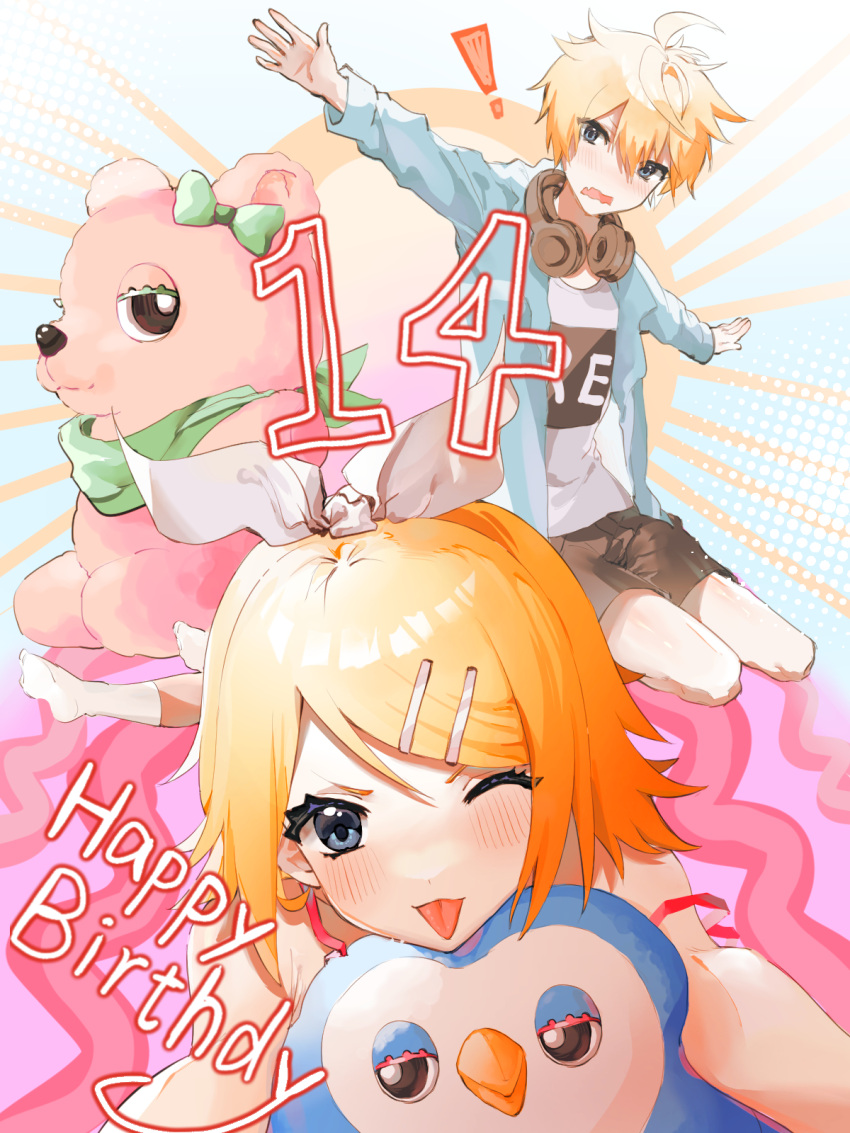 1boy 1girl ahoge armpit_crease blonde_hair blue_eyes blush bow elma07 fang hair_bow hair_ornament hairclip happy_birthday headphones headphones_around_neck highres jacket kagamine_len kagamine_rin looking_at_viewer nose_blush one_eye_closed outstretched_arms short_hair shorts smile strap_slip stuffed_animal stuffed_penguin stuffed_toy teddy_bear tongue tongue_out vocaloid wavy_mouth