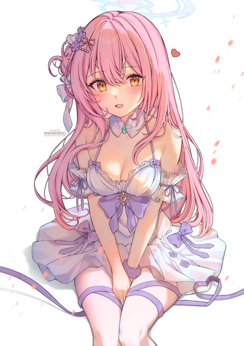 1girl armband artist_name bare_shoulders blue_archive blush bow breasts cleavage collar commentary covered_navel detached_collar deviantart_username dress english_commentary flower frilled_armband frills gem glint green_gemstone hair_between_eyes hair_flower hair_ornament hair_ribbon halo heart highres instagram_username knees large_breasts long_hair looking_at_viewer mika_(blue_archive) open_mouth pantyhose pink_hair pink_halo pixiv_username purple_bow purple_flower purple_ribbon purple_scrunchie ribbon scrunchie shizukodesu simple_background sleeveless sleeveless_dress smile solo thighs twitter_username v_arms white_armband white_background white_collar white_dress white_pantyhose white_ribbon wrist_scrunchie yellow_eyes